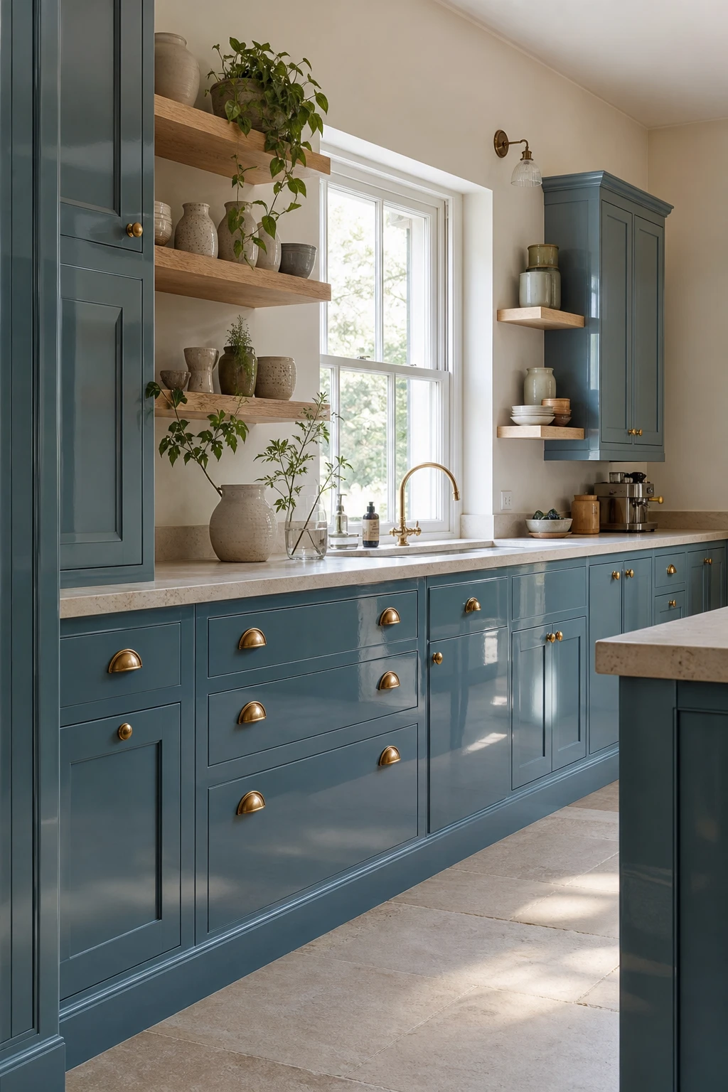 Blue and beige kitchen with duck egg gloss cabinets reflecting natural light, paired with beige stone worktops and brass hardware in a bright, airy space