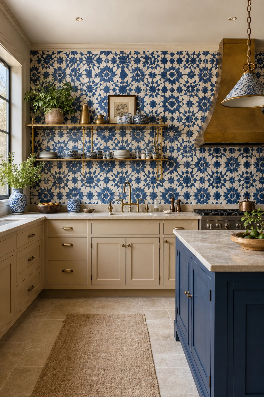 Blue and beige kitchen with Moroccan blue patterned tile backsplash as hero, warm beige cabinets, brass fixtures, and natural light from a side window