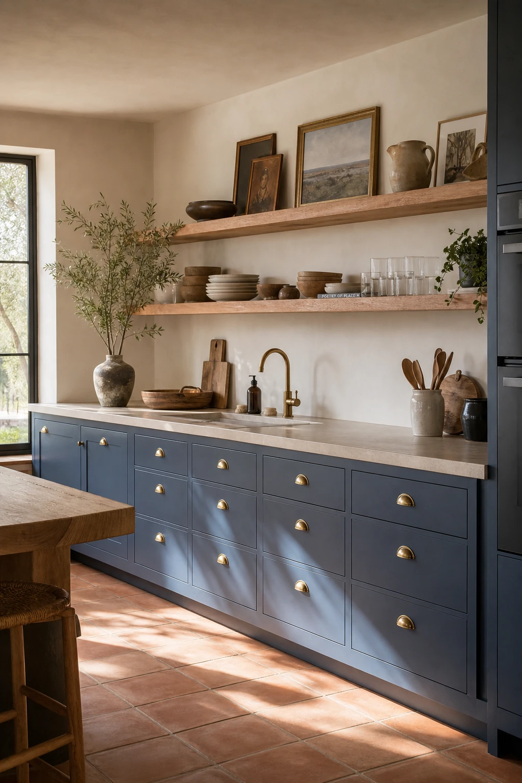 Blue and beige kitchen with Stone Blue lower cabinets, natural wood upper shelves, warm morning light, brass hardware, and stone countertops