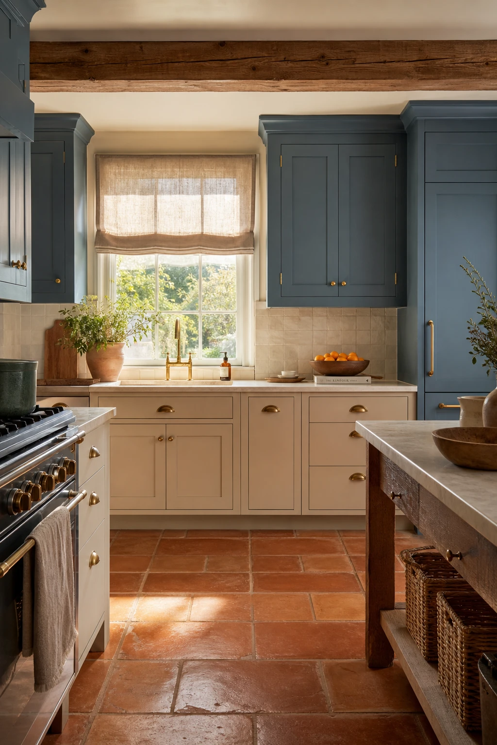 Blue and beige kitchen with terracotta floor tiles as the hero, blue upper cabinets, beige lower cabinets, warm natural light and Farrow and Ball Bay Area Blue paint on upper cabinet fronts