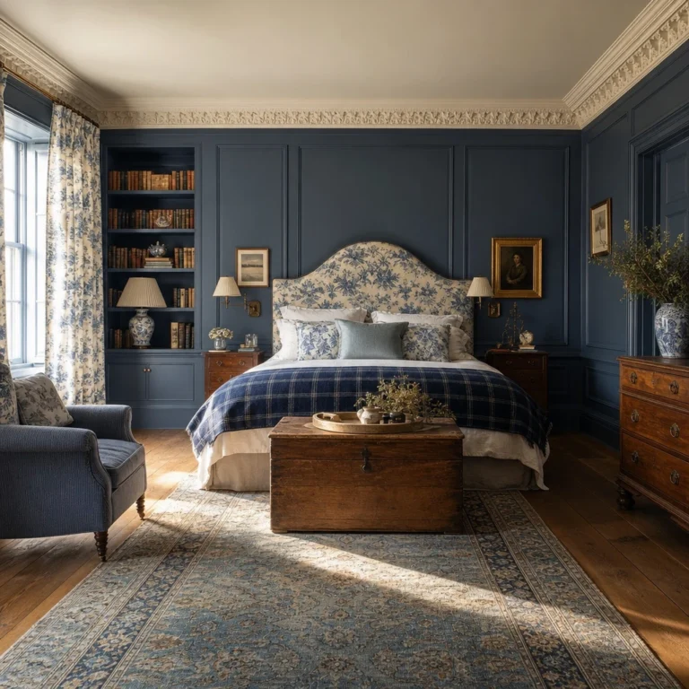 Blue English Country Bedroom with painted wall panelling, toile curtains, a floral linen headboard, blue tartan throw, and a painted bookcase alcove in warm late afternoon light.
