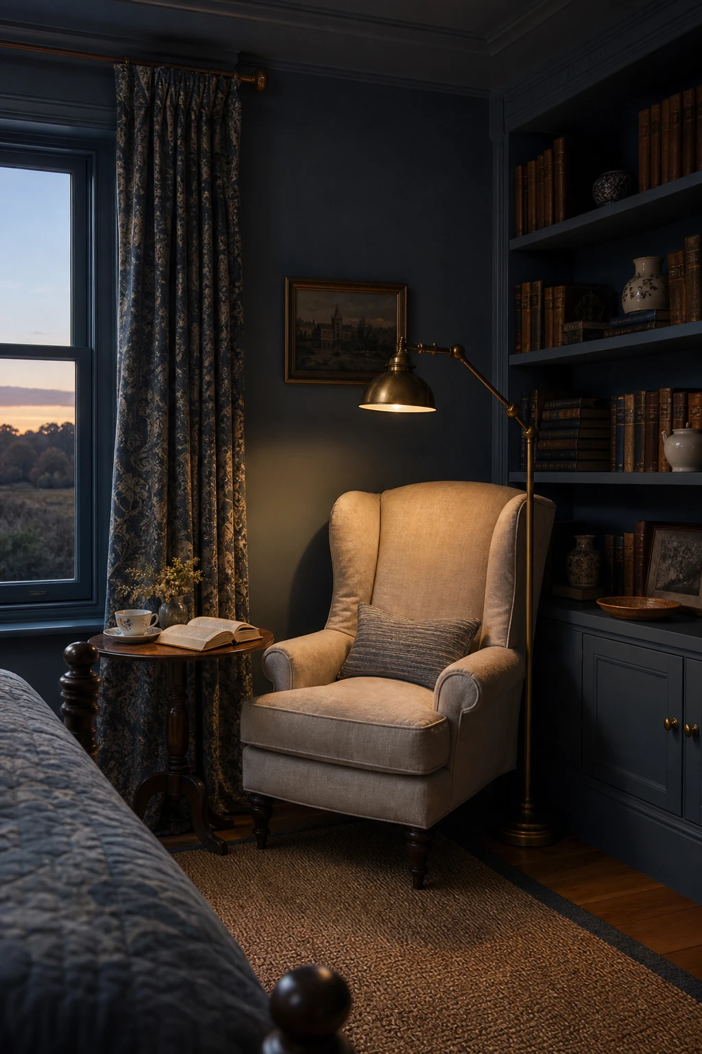 Blue English country bedroom reading nook corner with built in shelving, upholstered armchair, floor lamp, and Farrow & Ball Yard Blue walls