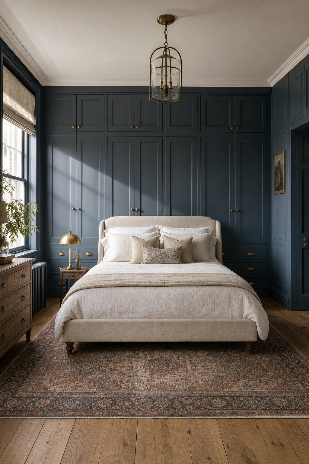 Blue English country bedroom with Bay Area Blue fitted wardrobes as the feature wall, framed panelling, brass handles, and a linen upholstered bed in soft morning light