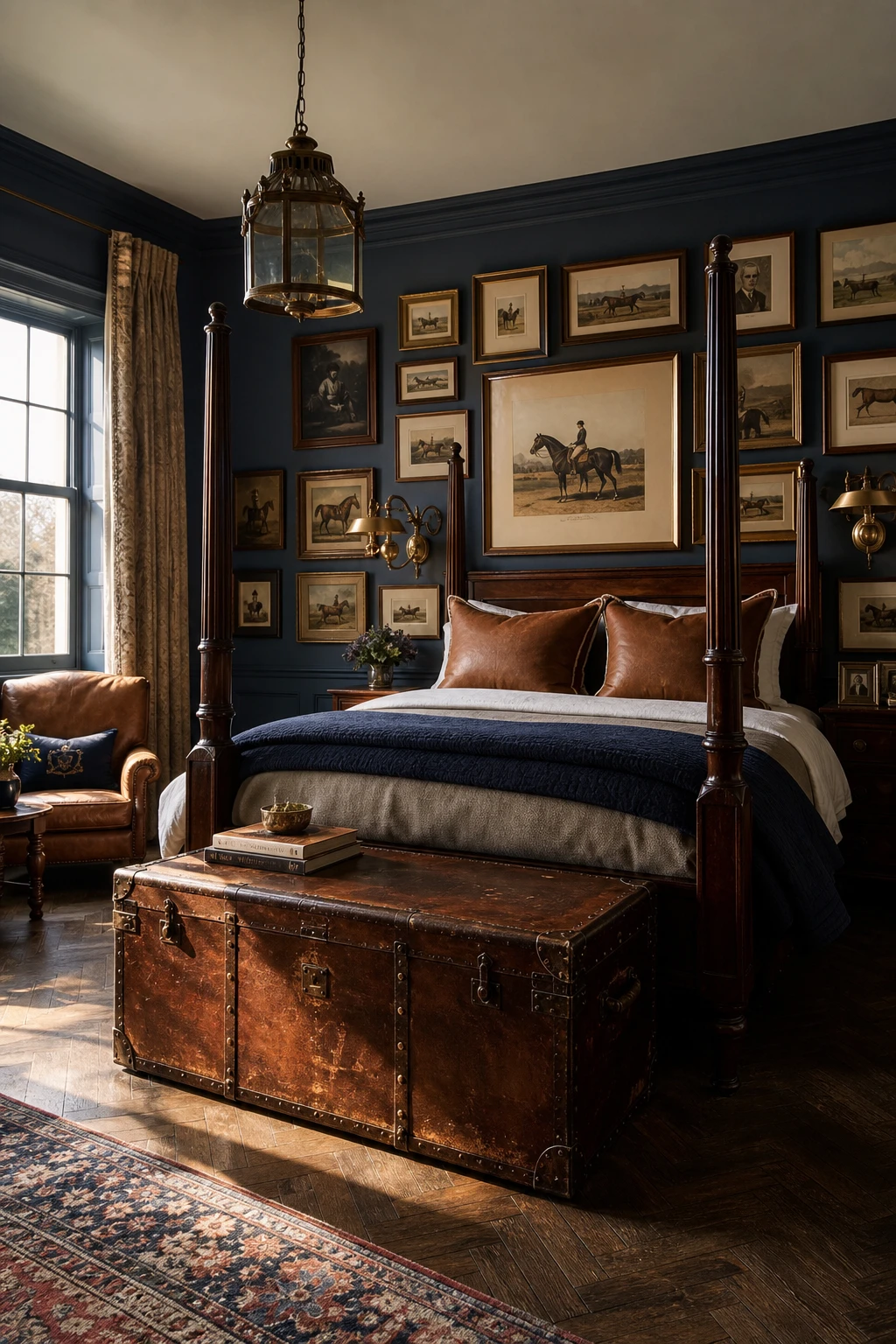 Blue English country bedroom with equestrian theme featuring leather accents, dark timber furniture, horse prints and Farrow & Ball Berrington Blue walls