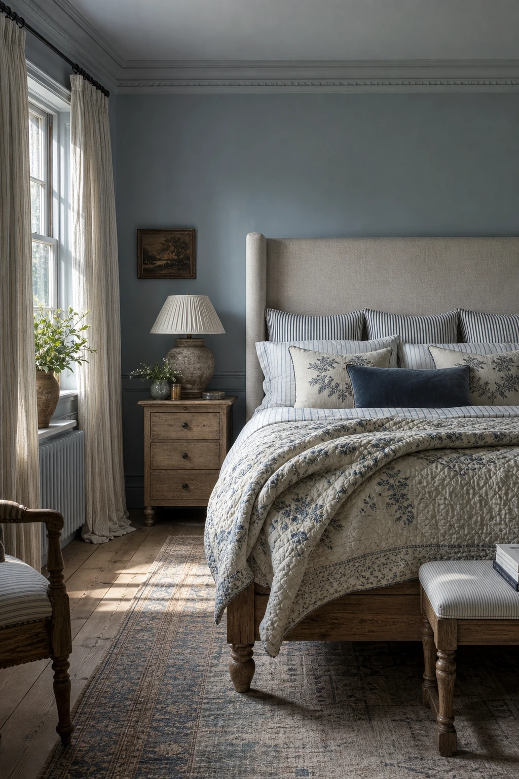 Blue English country bedroom with Parma Gray walls, upholstered linen headboard, layered soft furnishings, sash windows and wide plank oak floors