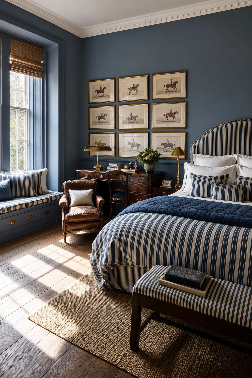 Blue English country bedroom with preppy tailored styling, heritage stripes, solid blue walls in Farrow and Ball De Nimes, brass fittings and crisply dressed bed