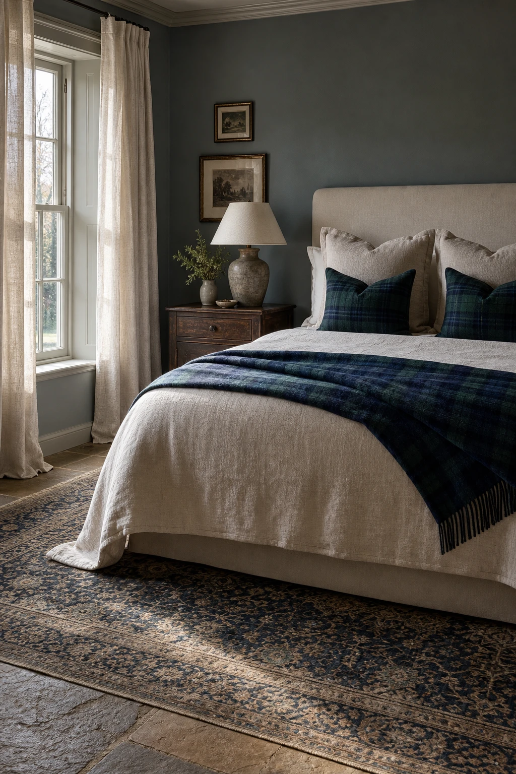 Blue English country bedroom with tartan accent throw and cushions on a linen bed, Farrow and Ball Selvedge painted walls, natural morning light