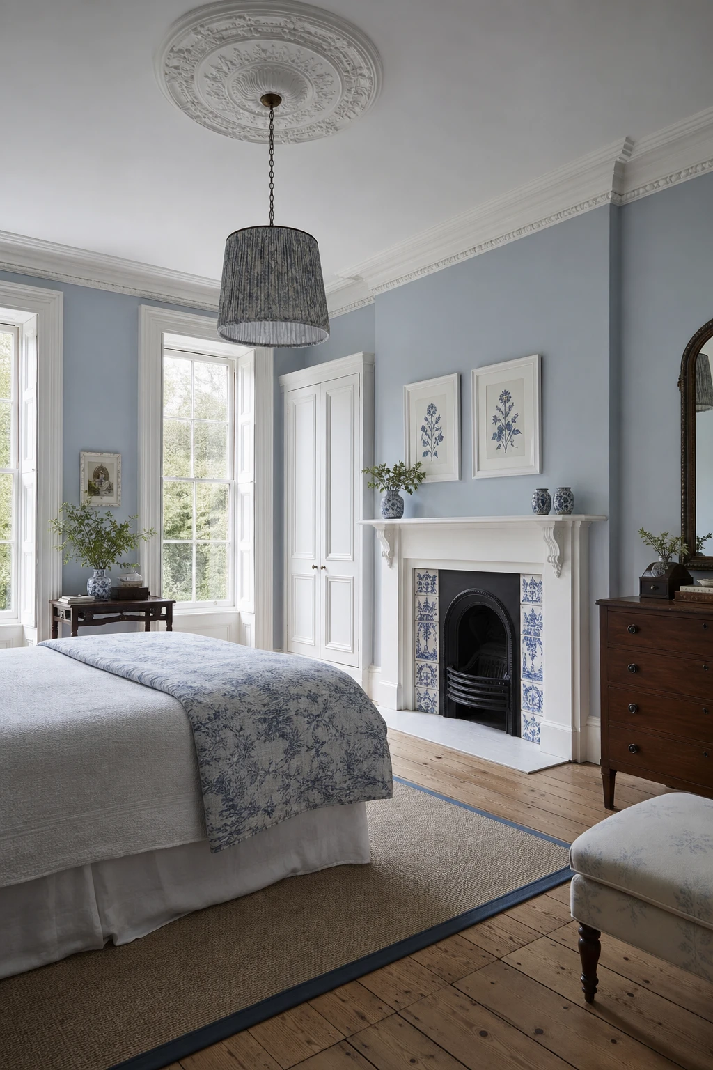 Blue English country bedroom with Victorian blue and white details, crisp white crown moulding, sash windows, blue walls in Farrow and Ball Borrowed Light