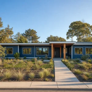 Blue modern ranch exterior with dark navy and slate blue board and batten cladding, matte black casement windows, white trim, timber entry accents, and native front yard planting in warm morning light.