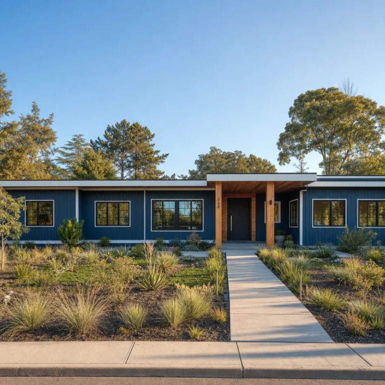 Blue modern ranch exterior with dark navy and slate blue board and batten cladding, matte black casement windows, white trim, timber entry accents, and native front yard planting in warm morning light.