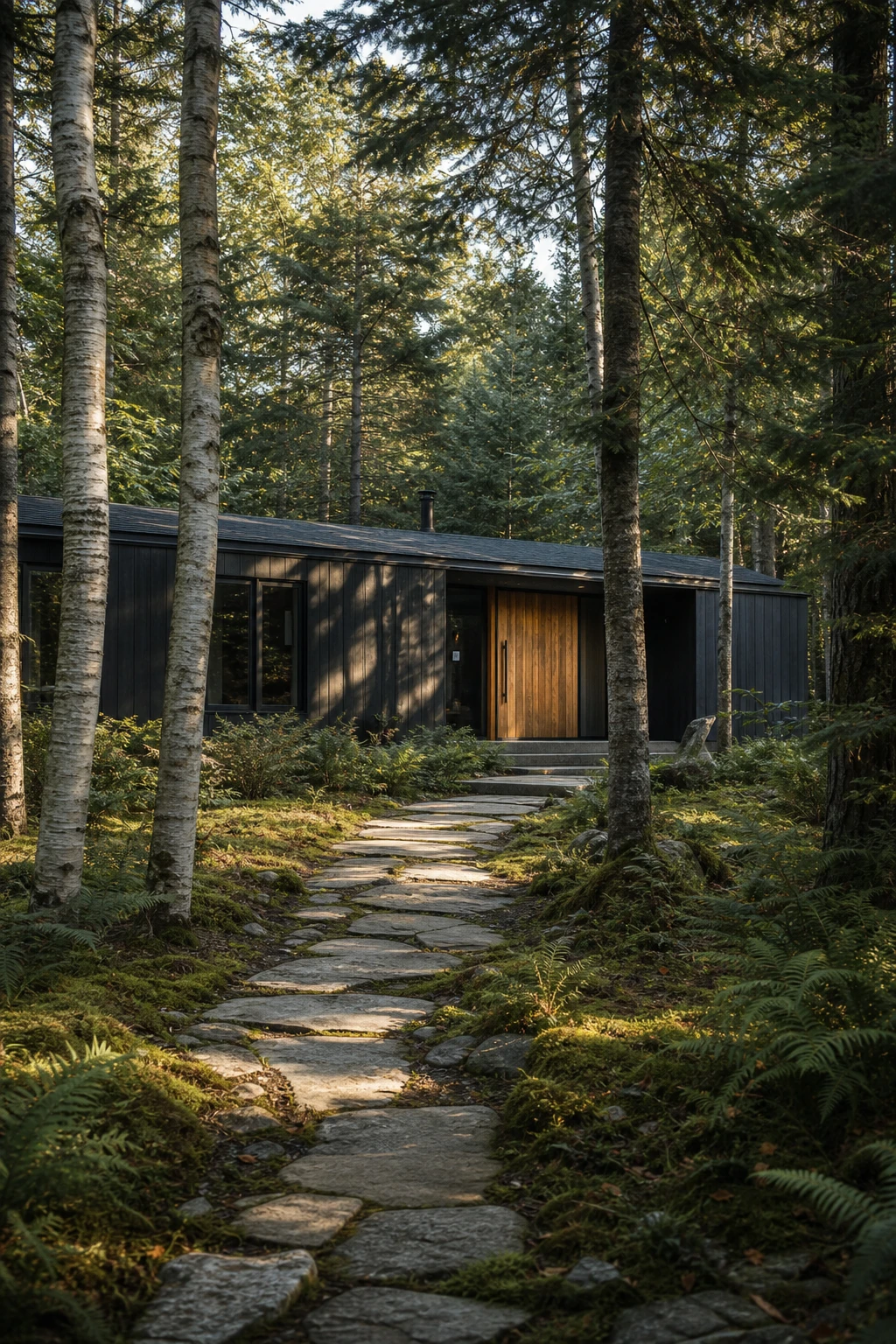 Blue modern ranch exterior nestled among tall trees with Farrow & Ball Black Blue facade, woodland landscaping, and natural stone path in dappled afternoon light