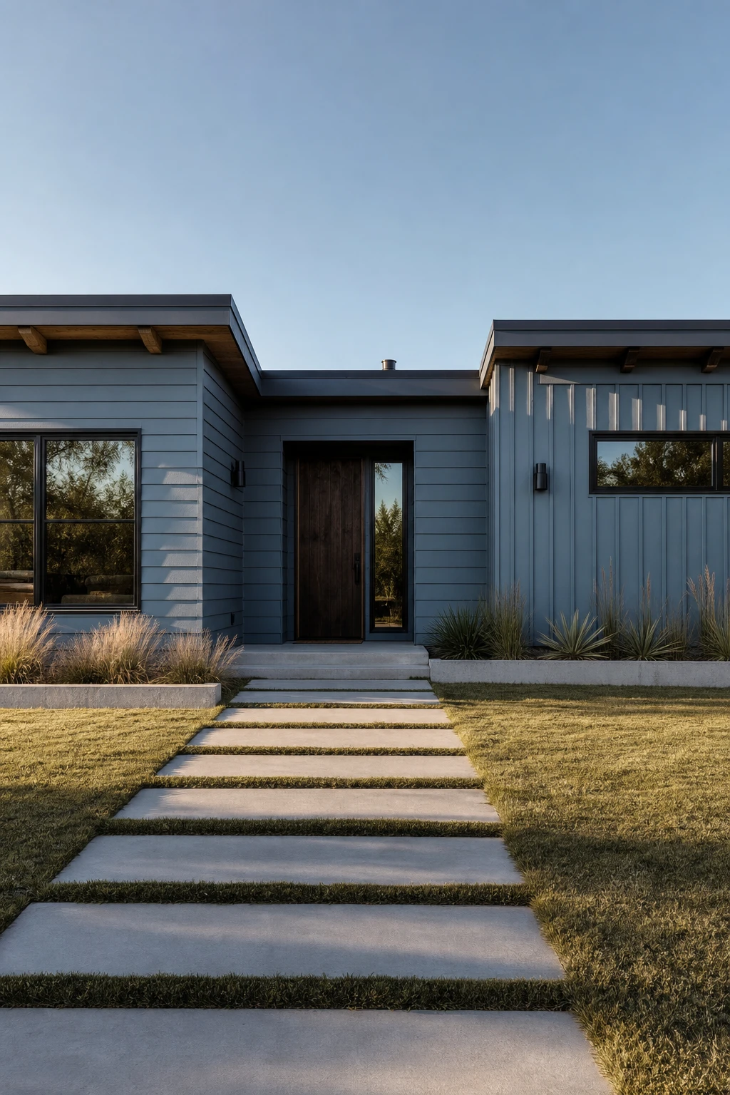 Blue Modern Ranch Exterior showing three siding profiles side by side on a long low facade painted Farrow & Ball Selvedge with natural afternoon light
