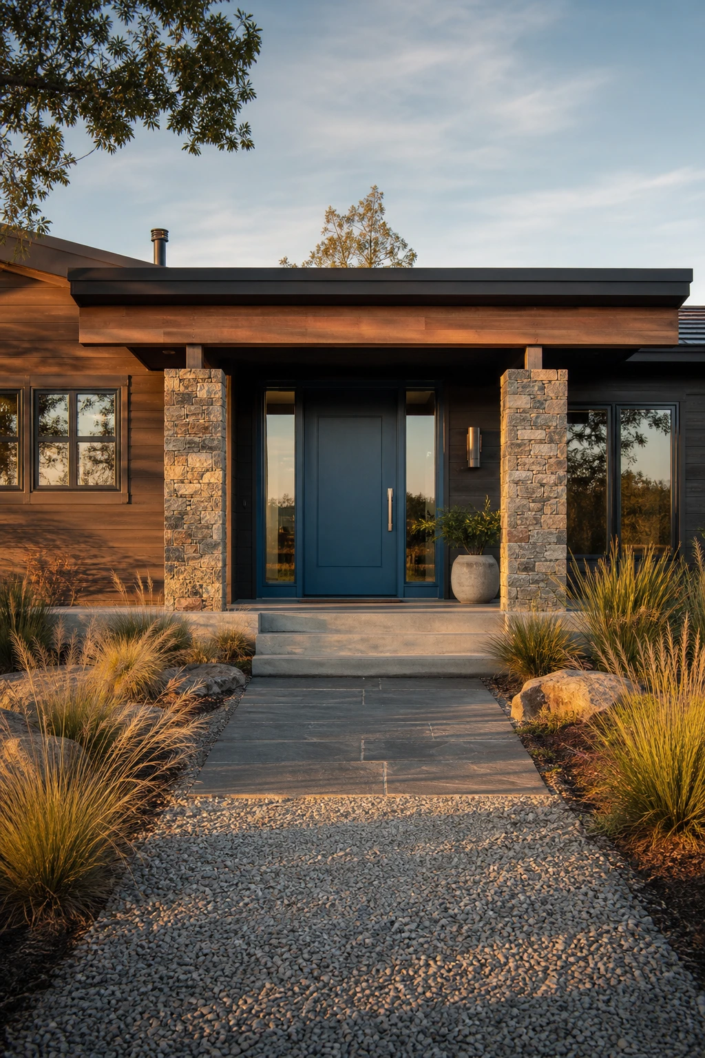 Blue modern ranch exterior with a bold front door painted Farrow and Ball Belvedere Blue anchoring a low horizontal facade with natural stone and timber accents
