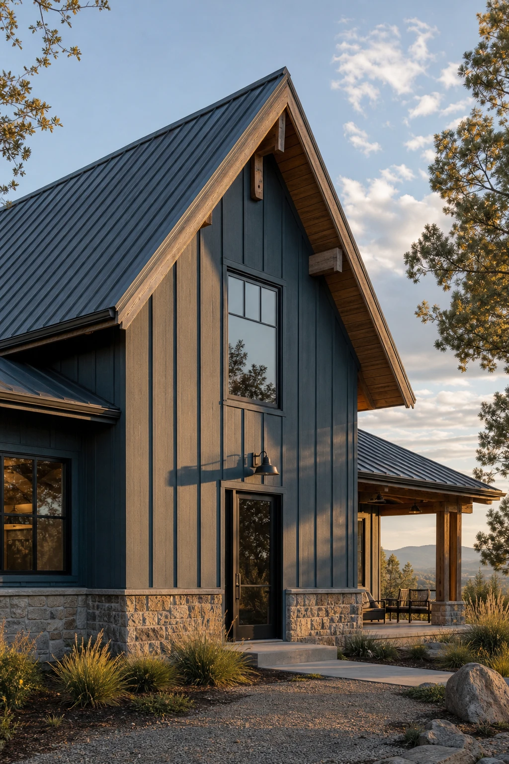 Blue Modern Ranch Exterior with a steep barn gable roofline painted Farrow & Ball Serge, timber purlins, board and batten siding, and stone foundation at golden hour