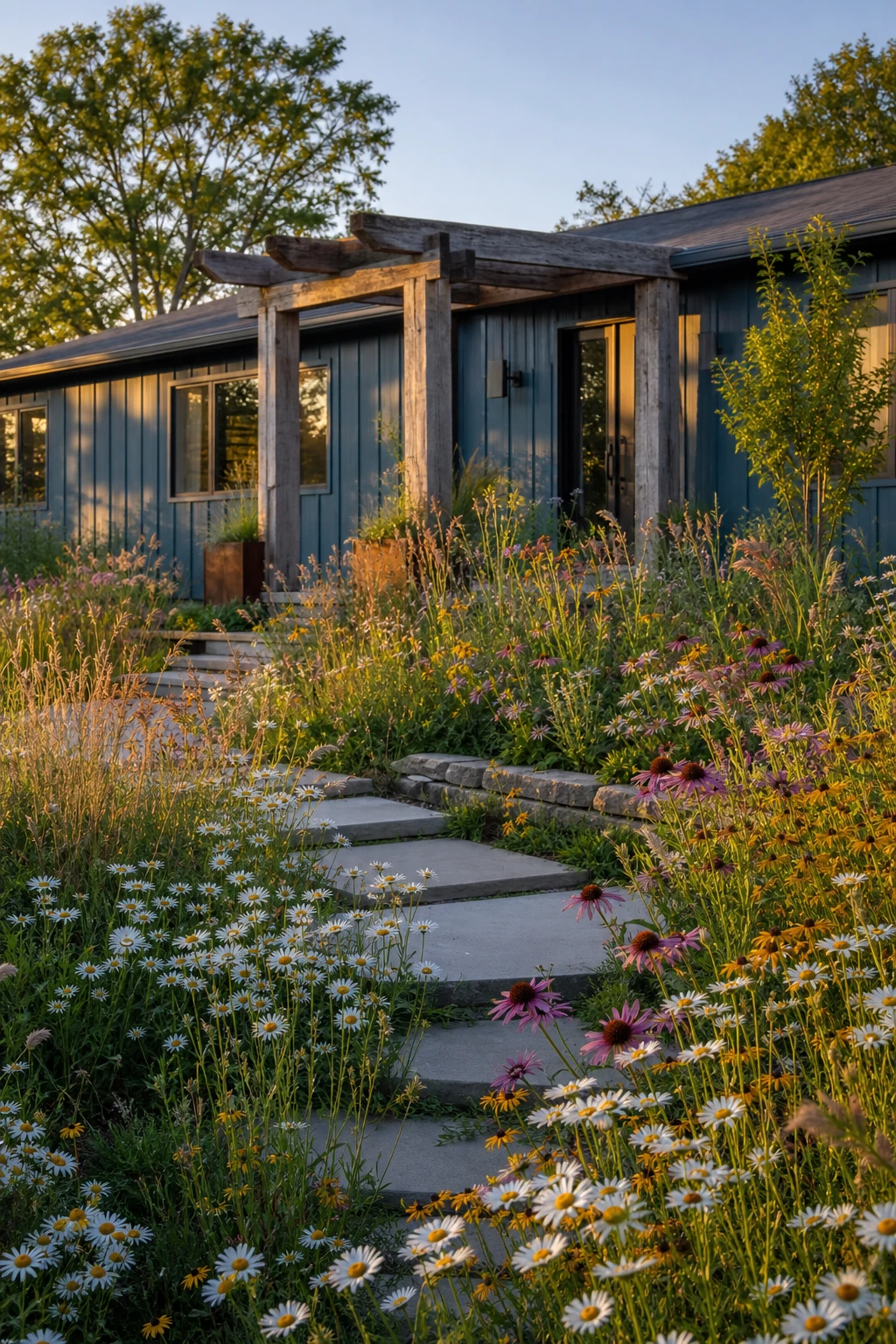 Blue modern Ranch exterior with a wildflower front yard planting as the hero, Farrow & Ball Green Blue facade, natural meadow grasses and blooms framing the low roofline