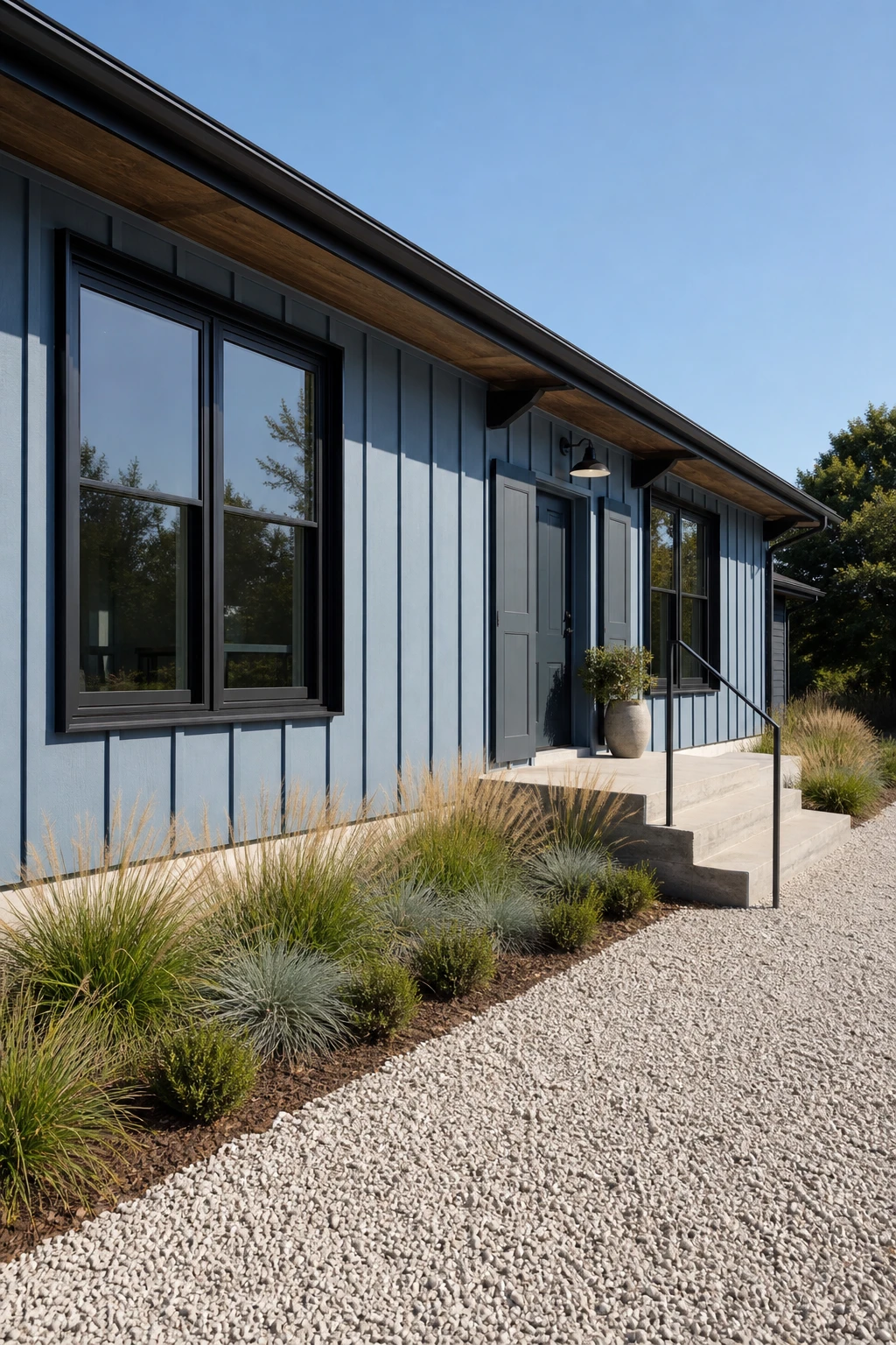 Blue modern ranch exterior with bold black window frames as the hero feature, dark trim, and Farrow and Ball Railings paint on shutters under bright midday sun