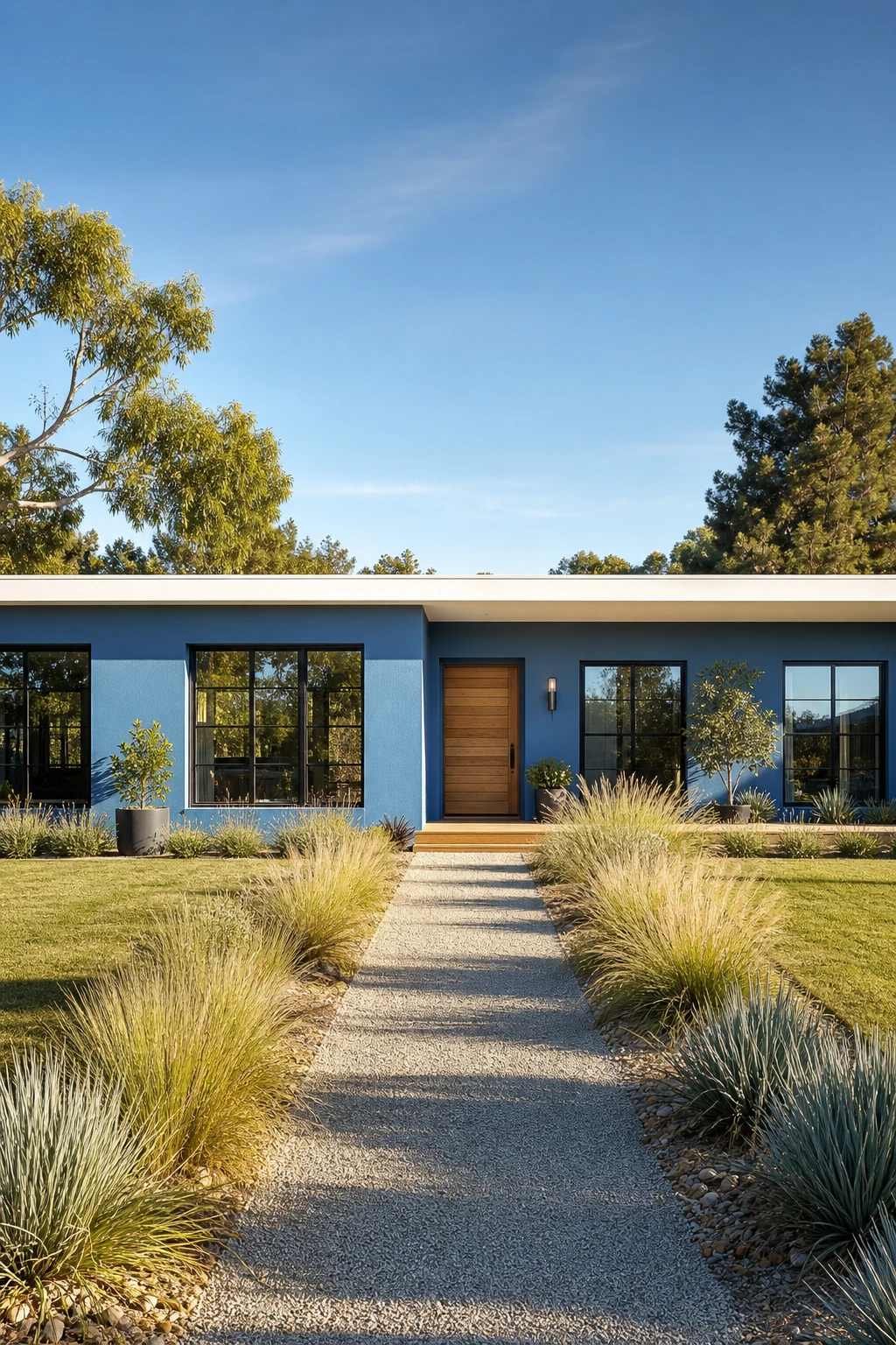 Blue modern ranch exterior with cerulean blue front facade painted in Farrow & Ball Cook's Blue, black window frames, white trim, and a timber front door under midday sun