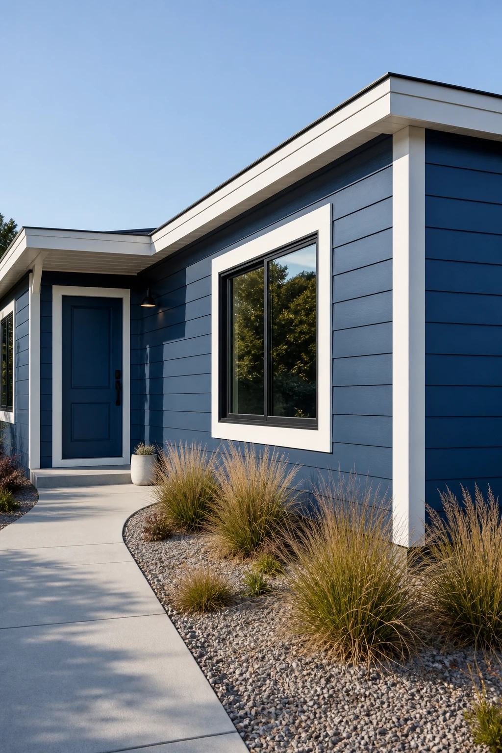 Blue modern ranch exterior with crisp white trim detail framing windows and roofline, painted in Farrow & Ball All White against a deep blue facade