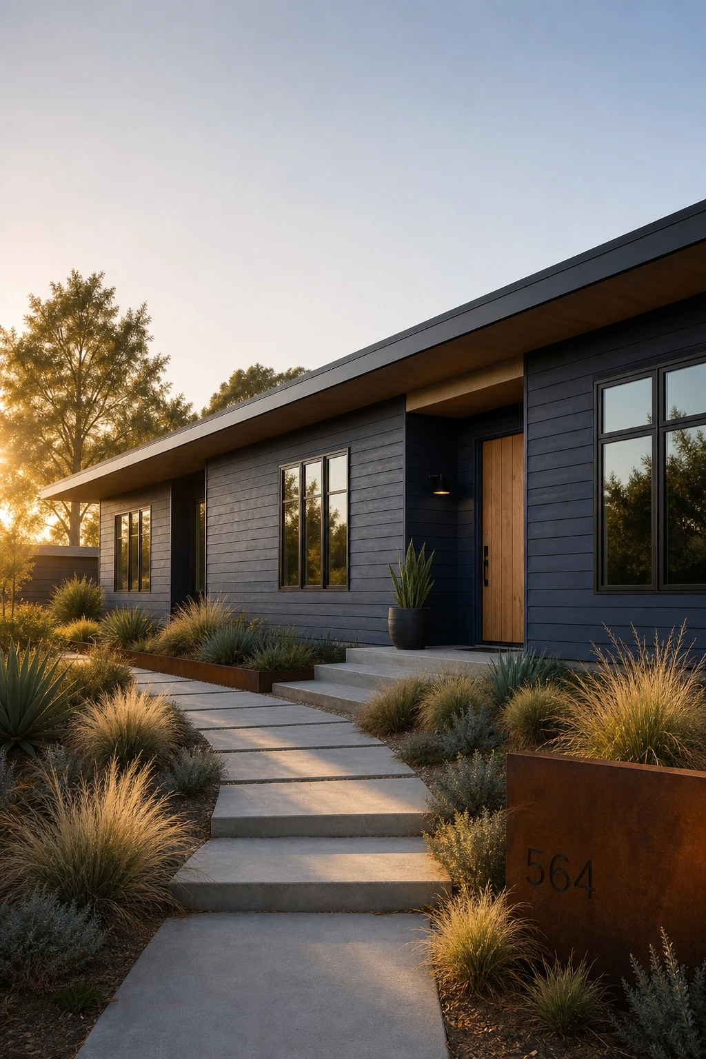 Blue modern ranch exterior with deep navy horizontal cladding, black windows, and a wide low roofline under warm late afternoon sun