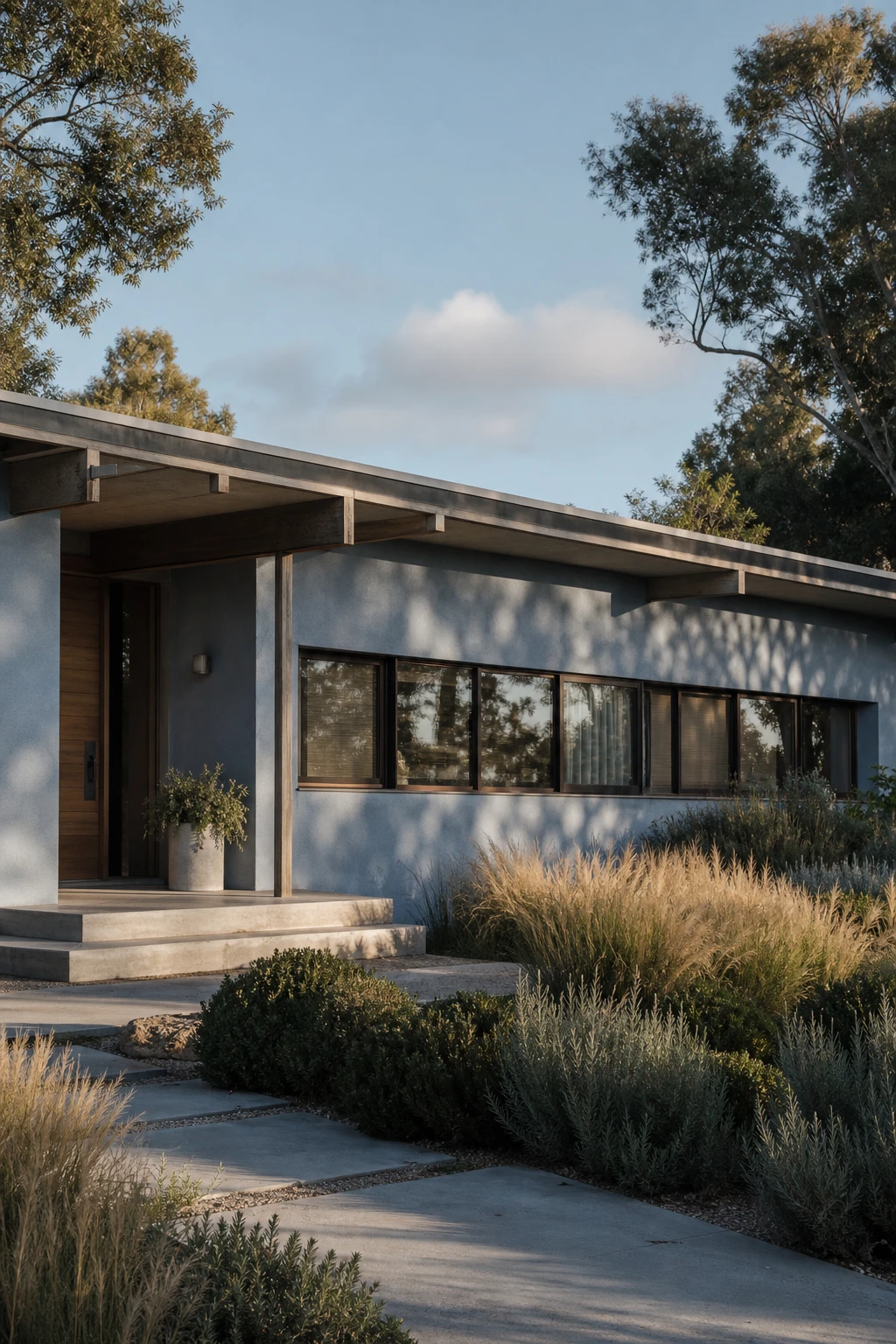 Blue modern ranch exterior with Farrow and Ball De Nimes painted facade showcasing a blue grey blend hero in warm afternoon side light