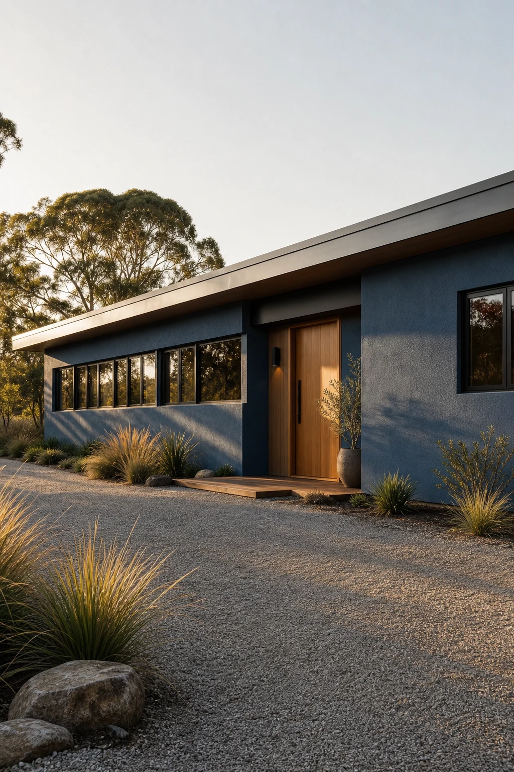 Blue modern ranch exterior with grey stucco render walls painted Farrow & Ball Ancona Blue, wide low roofline, black window frames and timber entry door in warm afternoon light
