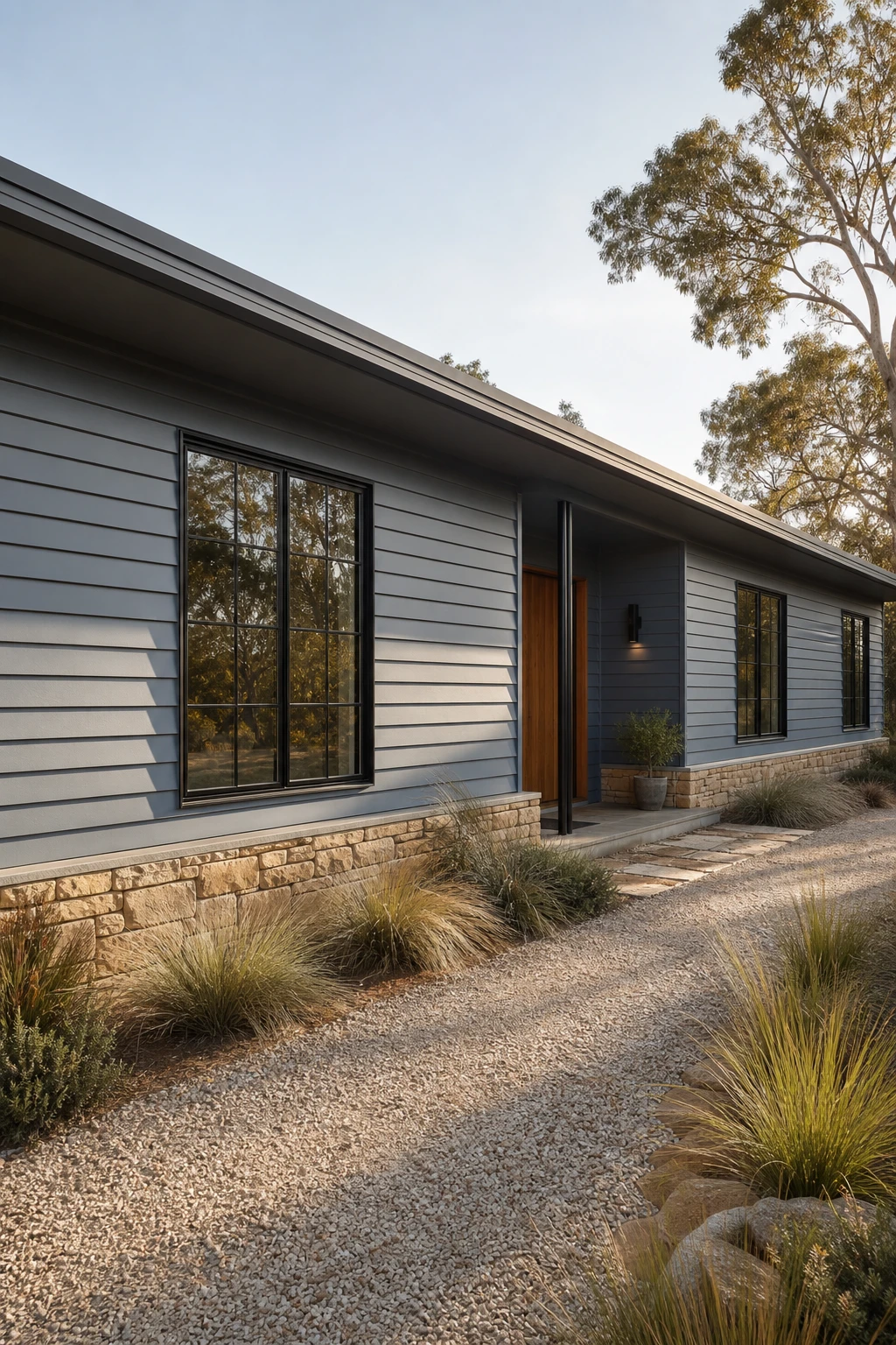 Blue Modern Ranch Exterior with horizontal weatherboard cladding painted Farrow & Ball Graupel, wide low roofline, deep eaves, stone base, and lush front garden in natural light