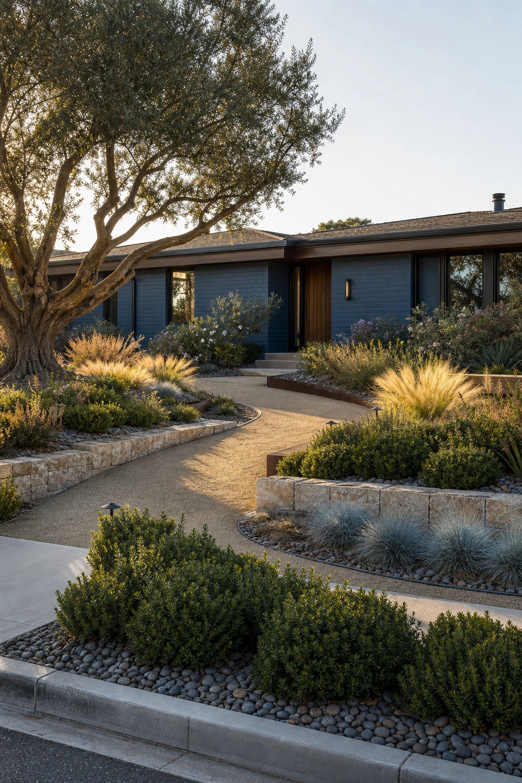 Blue Modern Ranch exterior with layered front yard landscaping featuring ornamental grasses, low shrubs, and a stone path under warm afternoon light