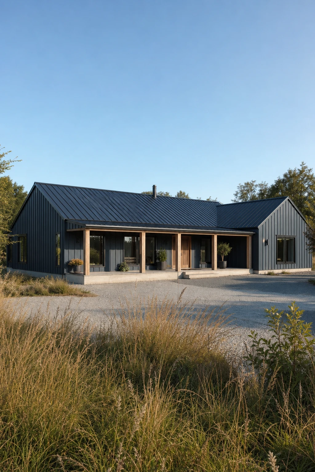 Blue modern ranch exterior with matching blue roof and Stiffkey Blue walls creating a monochromatic envelope viewed from a wide front angle in afternoon light