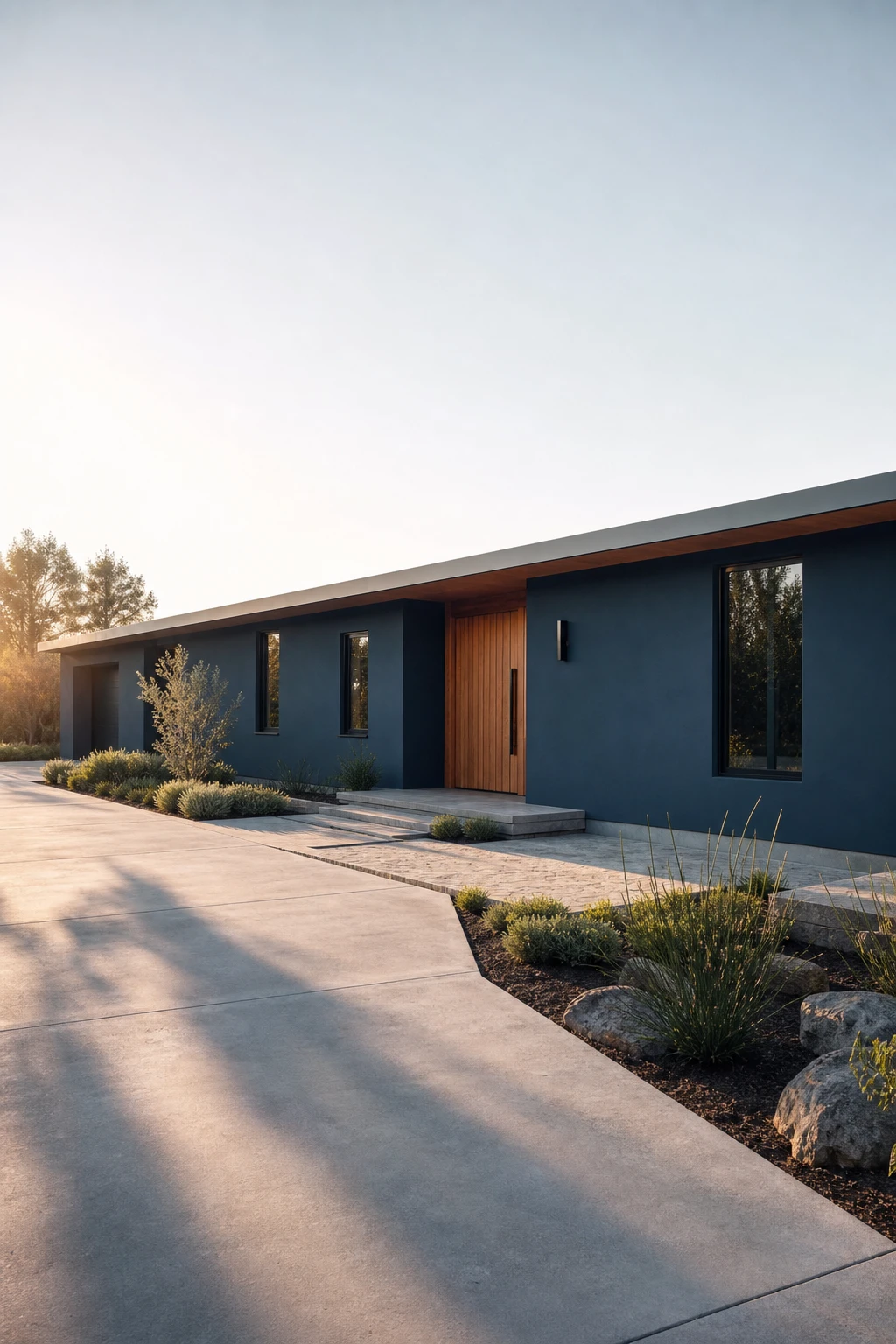 Blue Modern Ranch exterior with smooth rendered facade painted Farrow Ball Blue Ground showing clean horizontal lines wide eaves and black framed windows in afternoon light