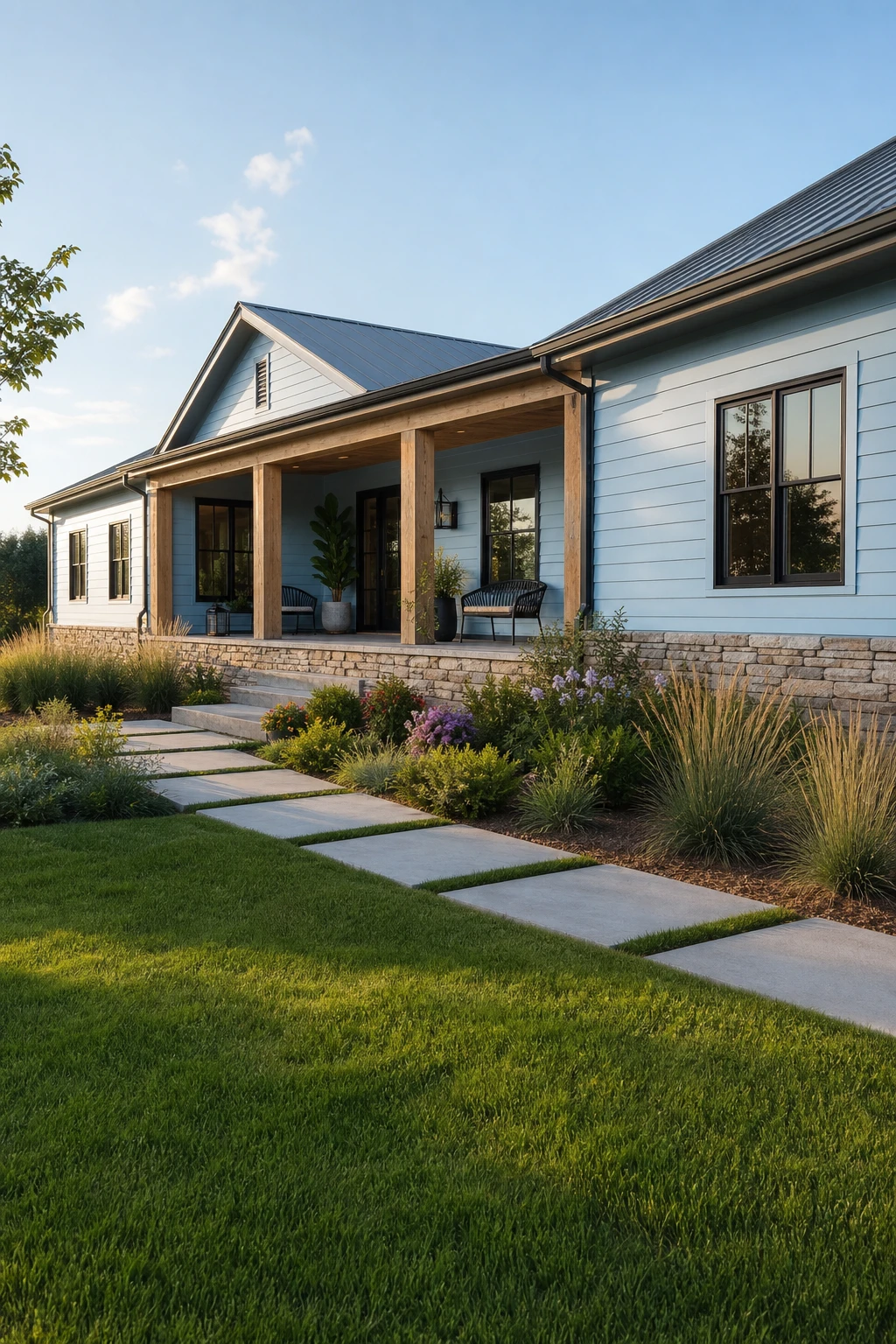 Blue modern ranch exterior with soft sky blue siding, wide low roofline, black window frames, natural stone foundation, and lush front landscaping in warm afternoon light.