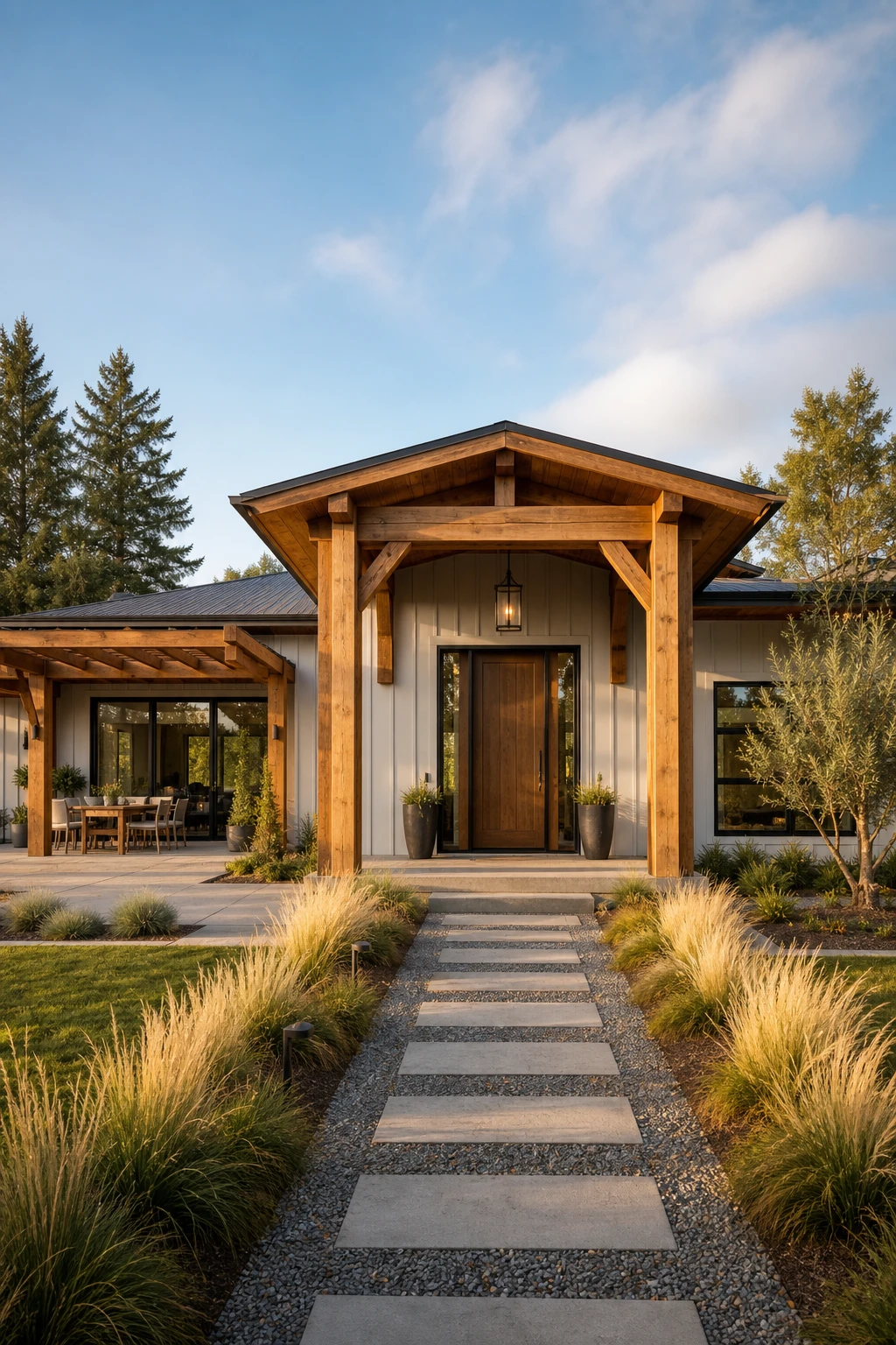 Blue modern ranch exterior with warm wood contrast, featuring timber beam accents, cedar soffits, and Farrow & Ball Borrowed Light painted facade in afternoon sun