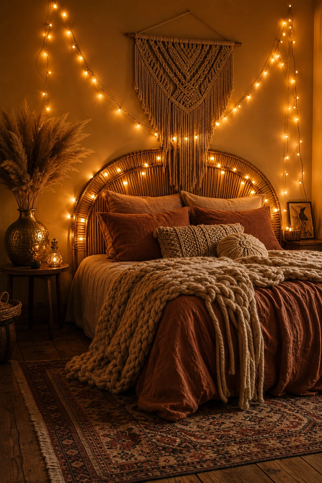 Boho fall bedroom at night with warm fairy lights draped above a rattan headboard, walls in Farrow & Ball Matchstick paint glowing amber