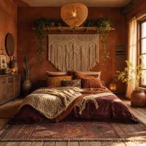 Boho fall bedroom with terracotta walls, a low platform bed layered in chunky knit throws and burgundy bedding, macrame wall art, a wicker pendant light, and trailing plants in warm amber afternoon light.
