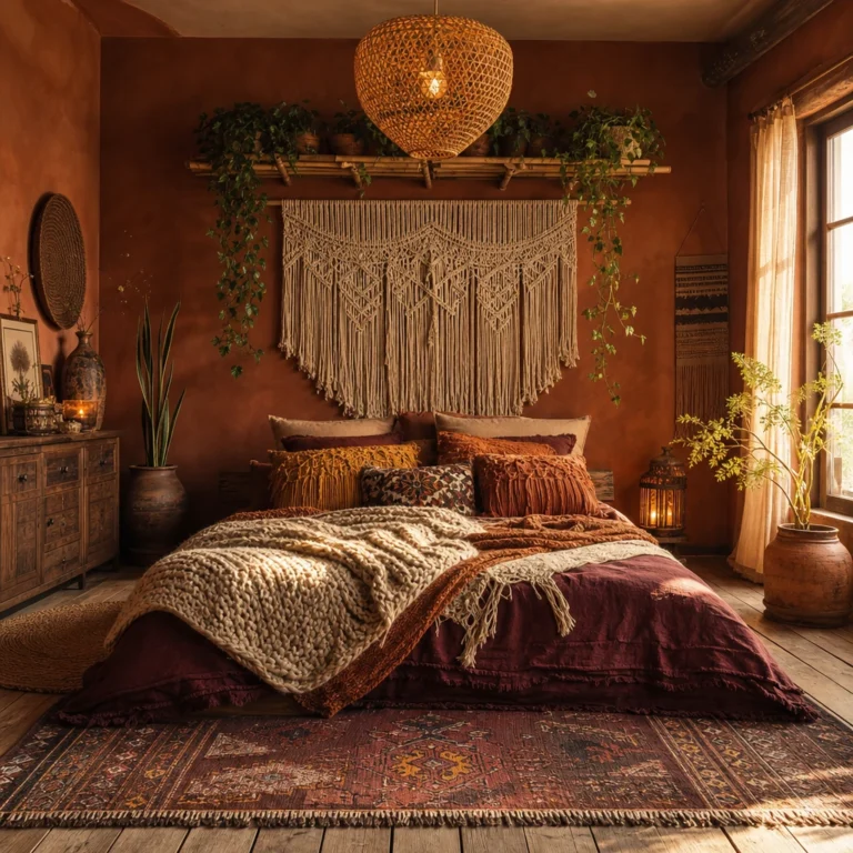 Boho fall bedroom with terracotta walls, a low platform bed layered in chunky knit throws and burgundy bedding, macrame wall art, a wicker pendant light, and trailing plants in warm amber afternoon light.