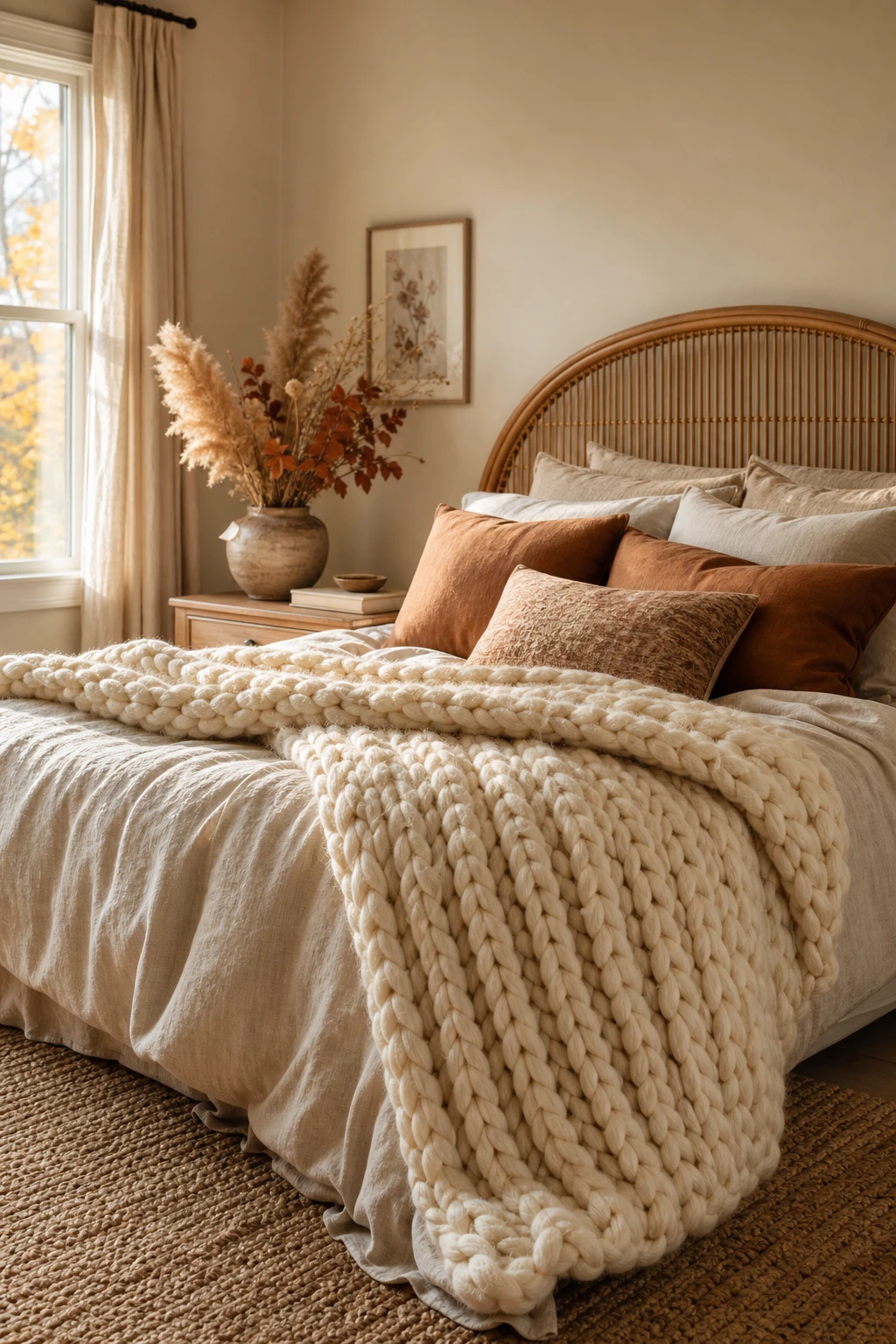 Boho fall bedroom with a chunky knit throw draped over a linen bed, warm amber lighting, rattan headboard, and Farrow & Ball Tallow walls