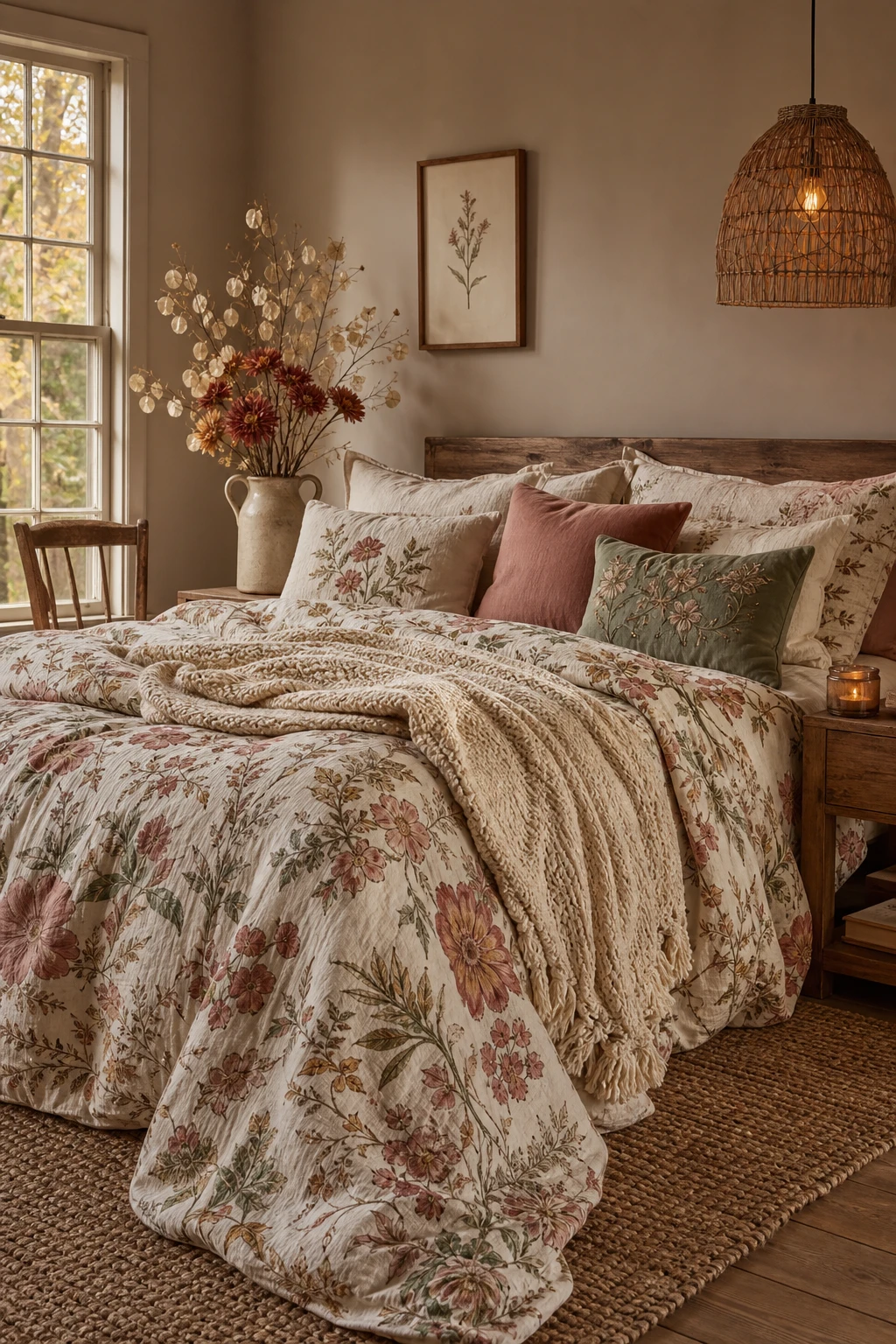 Boho fall bedroom with a cottagecore floral bedspread as the hero, styled with autumn botanicals, rattan accents, and warm String painted walls
