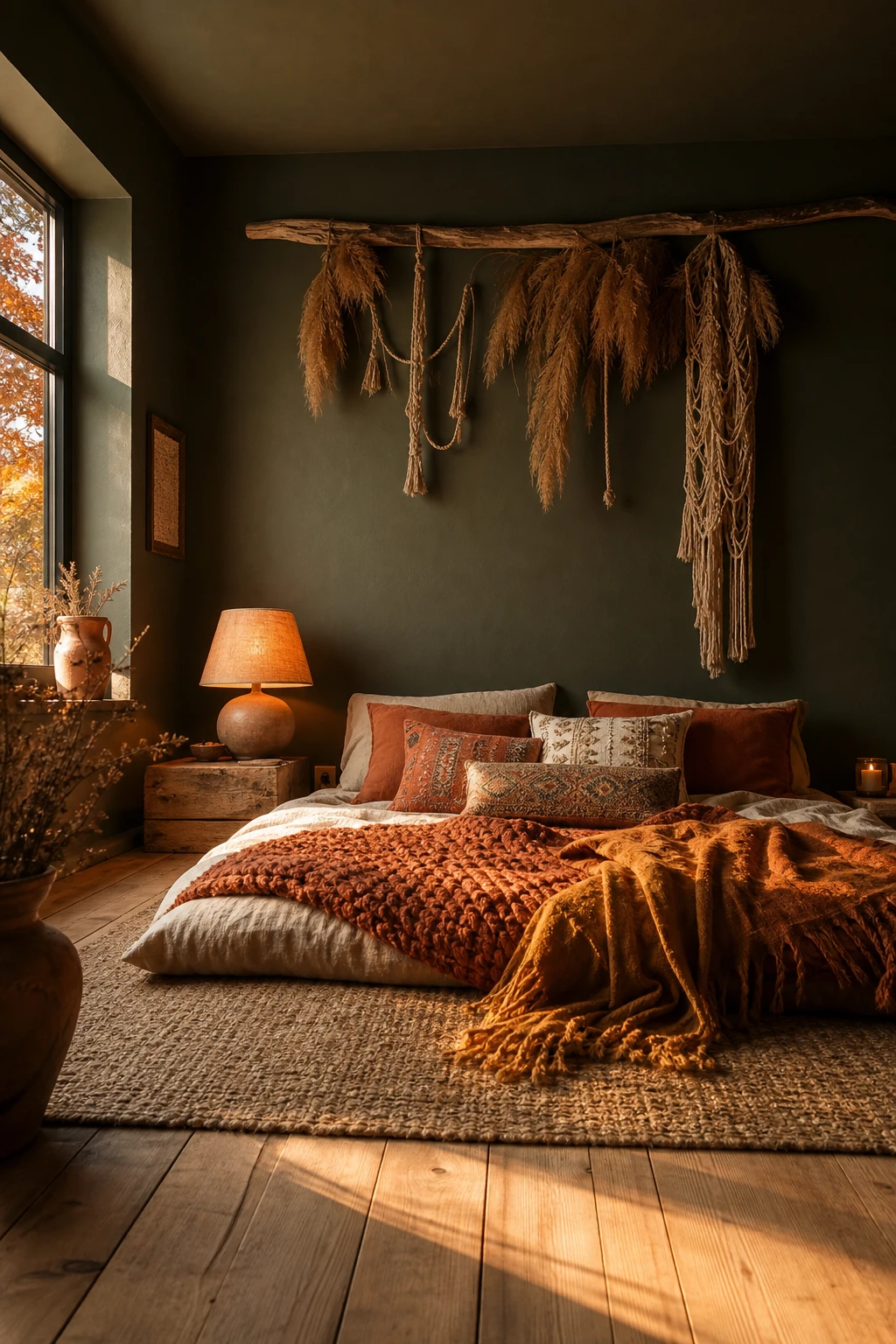 Boho fall bedroom with a floor level bed dressed in layered warm textiles, terracotta cushions, and woven throws against Farrow and Ball Broccoli Brown walls