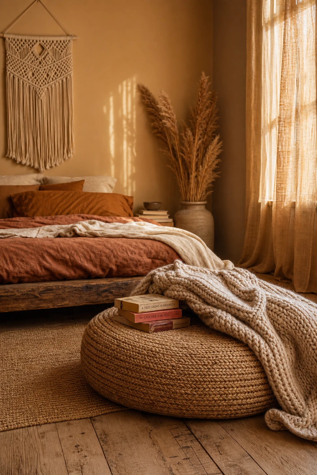 Boho fall bedroom with a round woven floor pouf as the hero, layered textiles, warm earth tone walls, and soft natural light