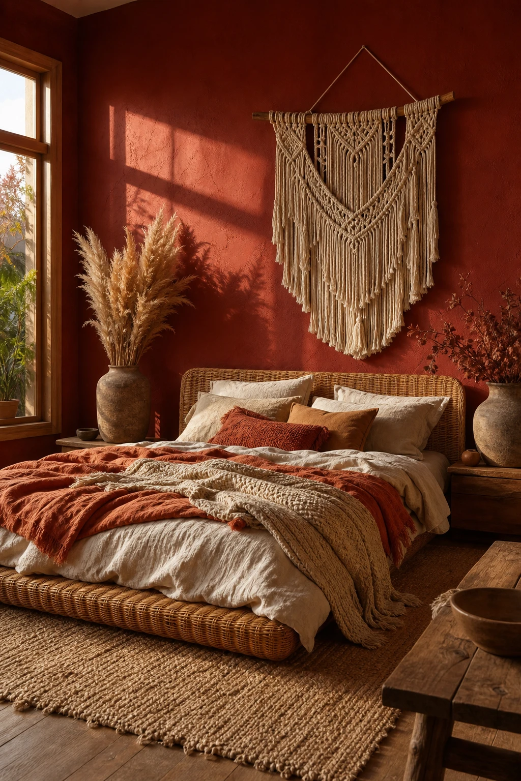 Boho fall bedroom with a Singed Red accent wall behind a low rattan bed, layered textile throws, macrame wall hanging, and warm candlelight