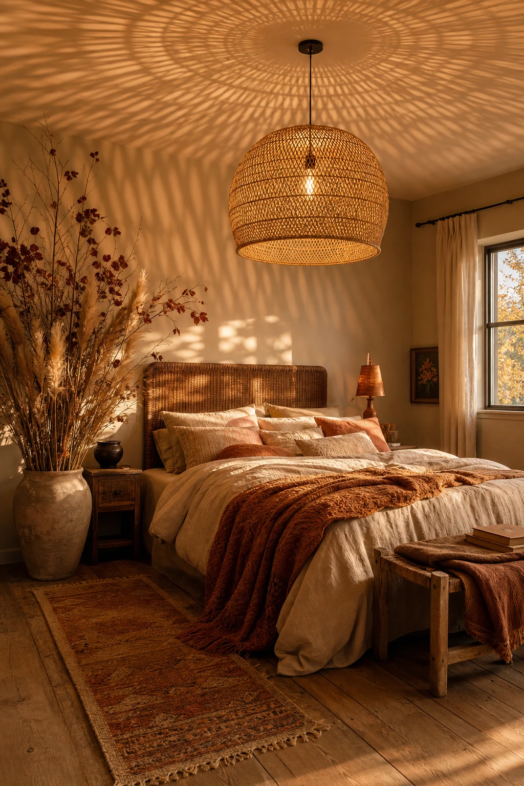 Boho fall bedroom with a wicker pendant light casting warm shadow patterns across a Farrow & Ball Buff painted ceiling above layered earthy bedding