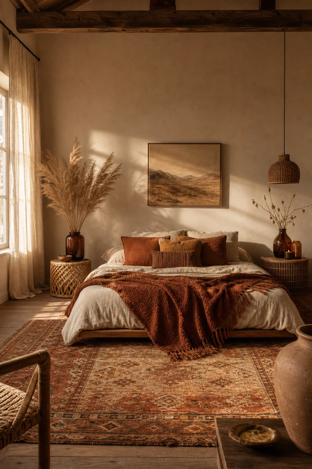 Boho fall bedroom with an earth tone colour scheme featuring warm terracotta, ochre, and deep brown layered textiles against Farrow and Ball Jitney painted walls