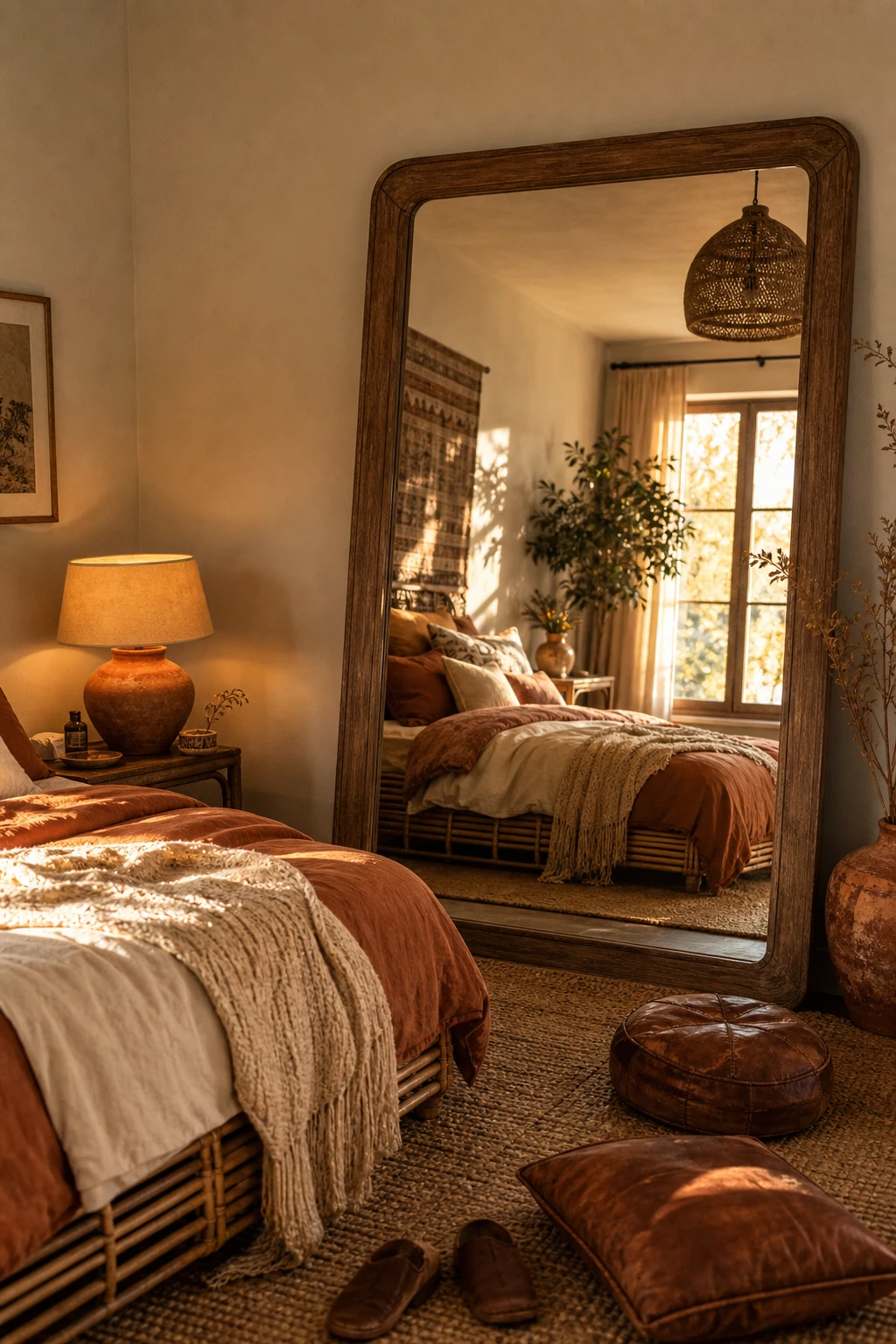 Boho fall bedroom with an oversized leaning floor mirror reflecting warm amber light, layered textiles, rattan furniture, and Farrow and Ball Skimming Stone walls