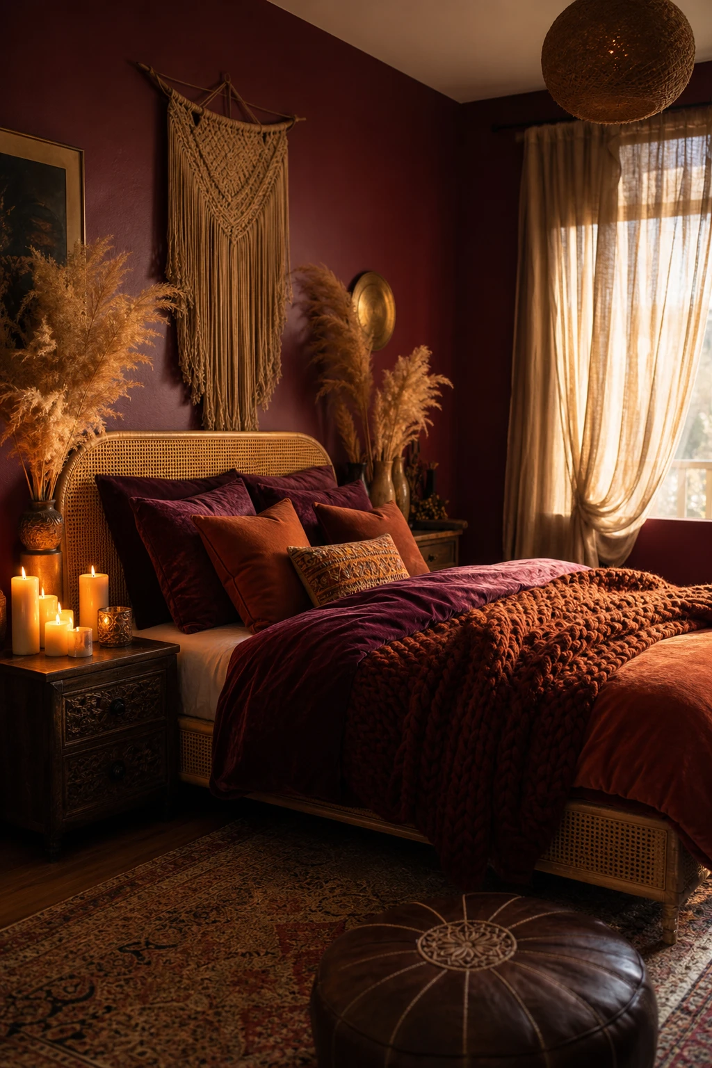Boho fall bedroom with burgundy depth, layered textiles, rattan furniture, and warm candlelight against deep red walls for a jewel toned cozy atmosphere