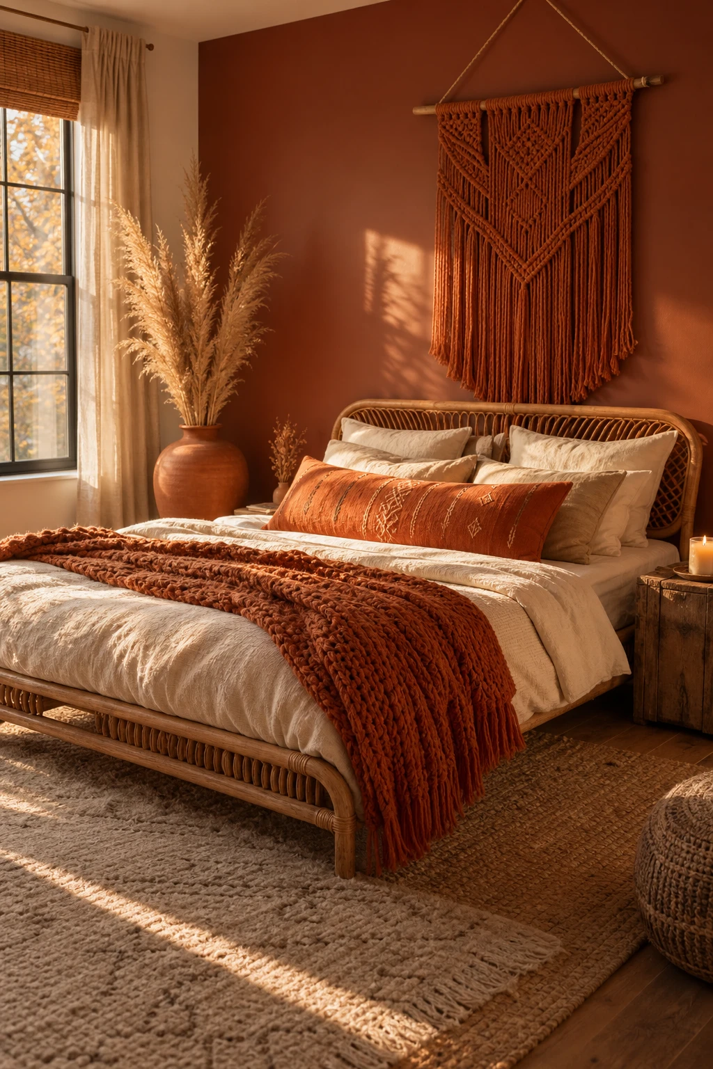 Boho fall bedroom with burnt orange accent pillow, throw, and macrame wall hanging above a low rattan bed, warm afternoon light, Farrow and Ball Charlottes Locks painted wall