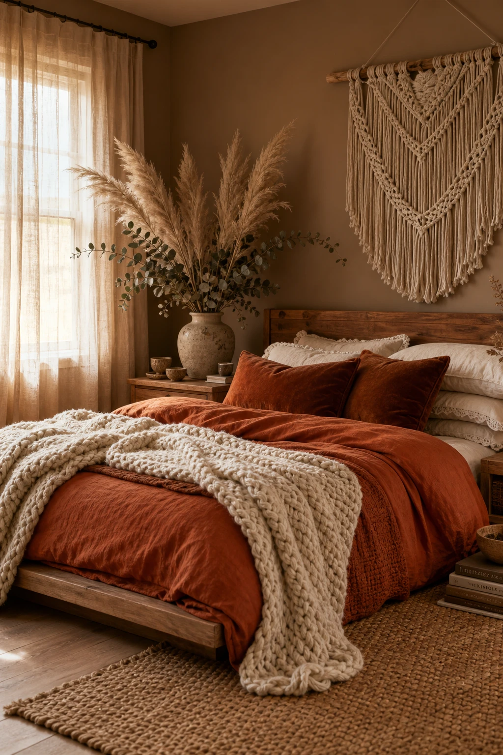 Boho fall bedroom with cozy layered bedding in warm terracotta, rust and cream tones against Farrow & Ball Roasted Macadamia walls