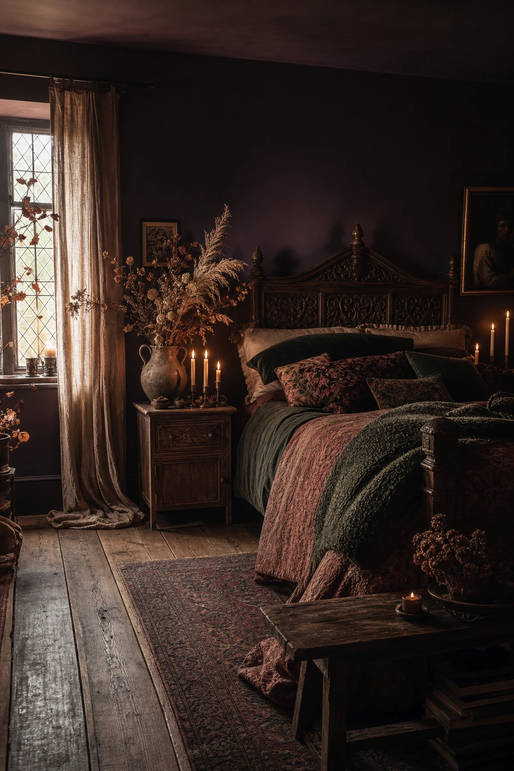 Boho fall bedroom with dark cottagecore mood, deep eggplant walls, layered textile bedding, dried botanicals, candlelight and carved wood furniture