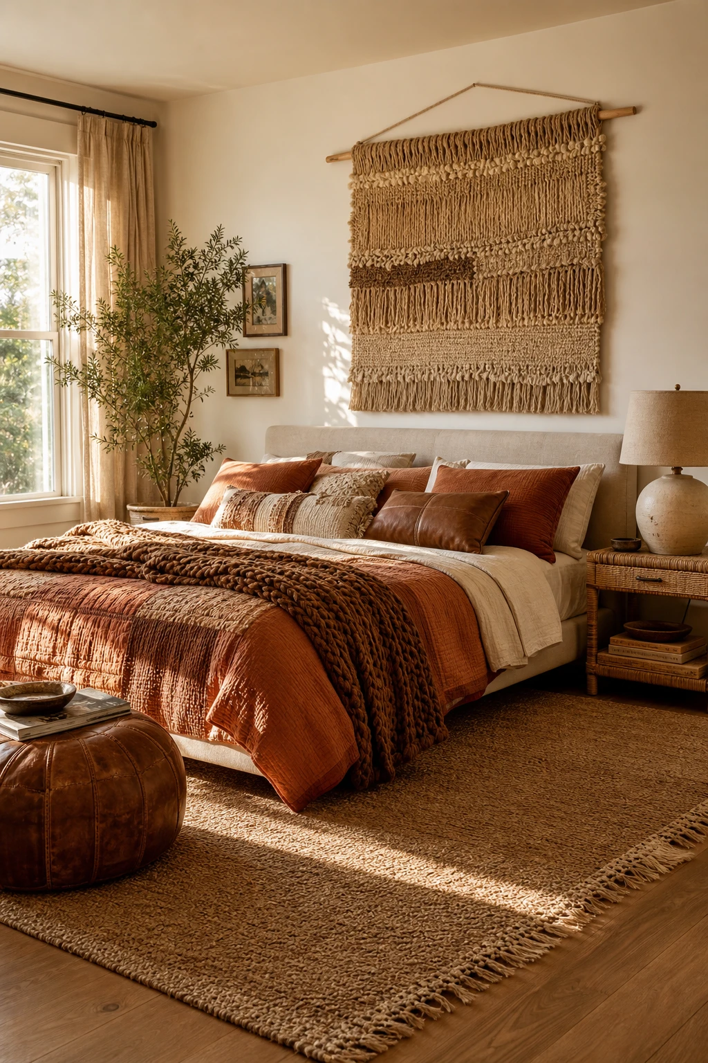 Boho fall bedroom with earthy palette featuring warm terracotta, rust, and ochre tones, linen bedding, rattan furniture, and woven wall art in soft natural light