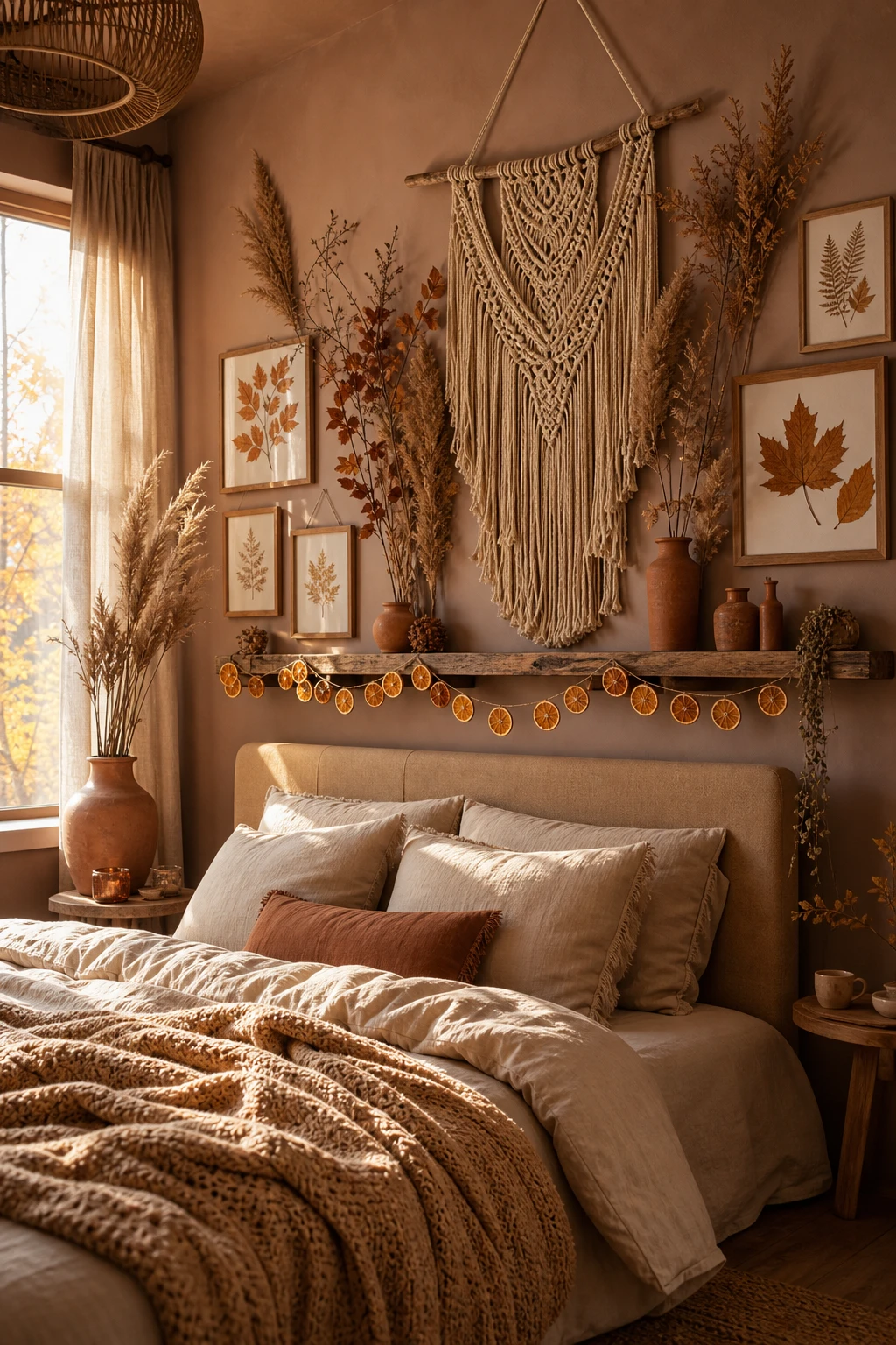 Boho fall bedroom with fall wall decor as the hero, featuring layered macrame, dried botanicals, and warm earth tone walls in soft autumn light