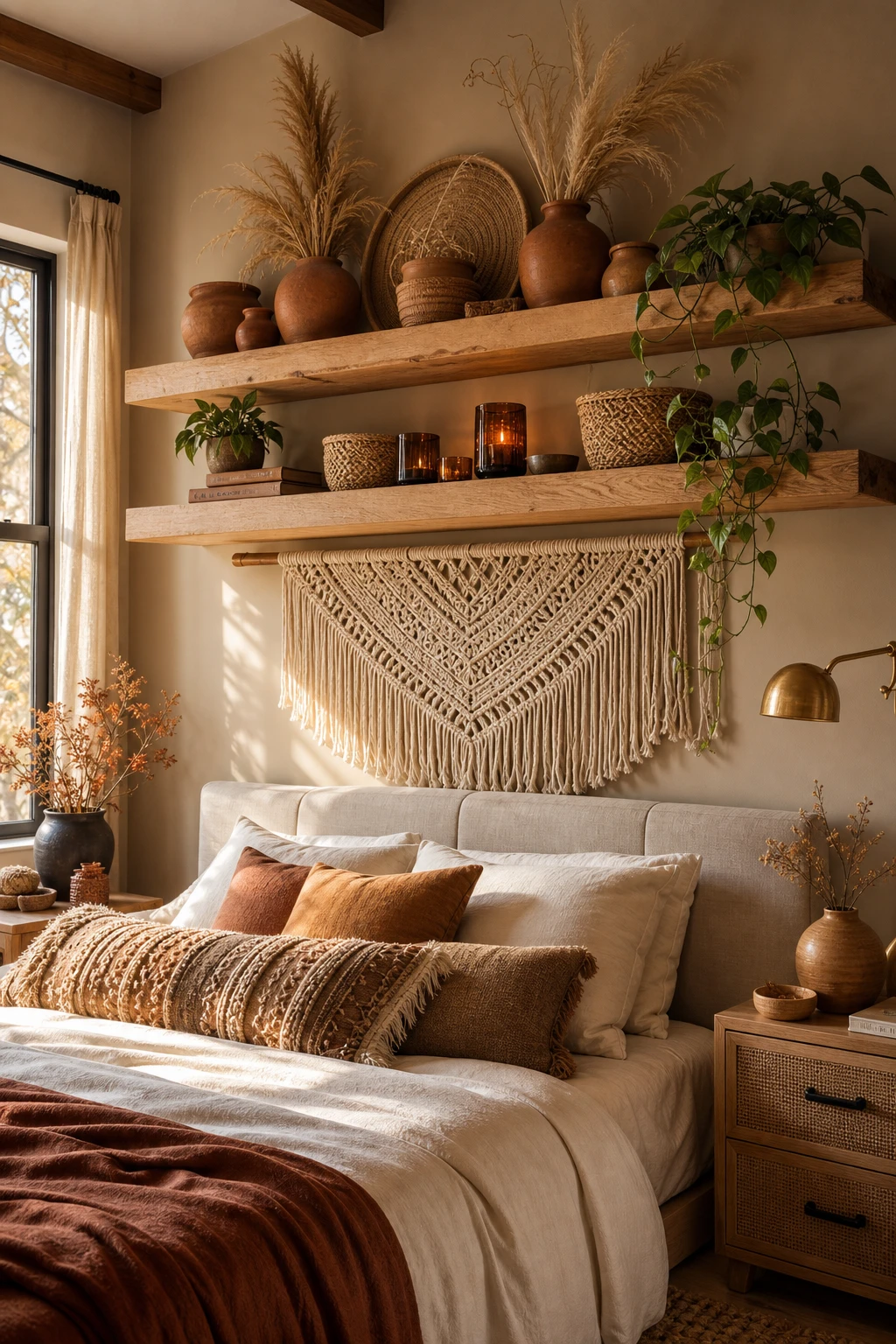 Boho fall bedroom with floating shelves above the bed styled with dried botanicals, woven baskets, and warm amber candlelight on Archive painted walls
