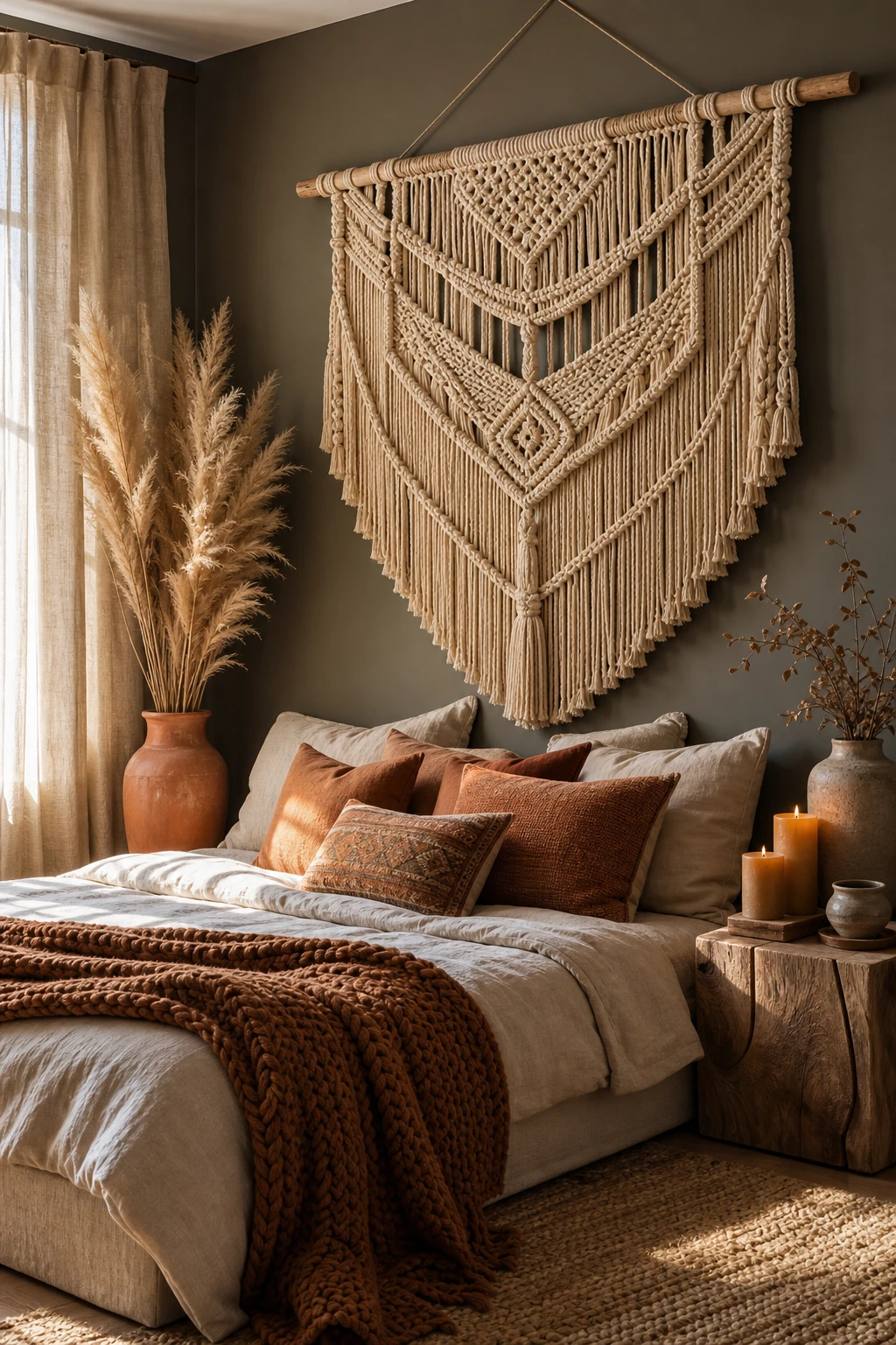Boho fall bedroom with large macrame wall art above linen bed, warm neutral walls, layered textiles and amber candlelight in soft morning light